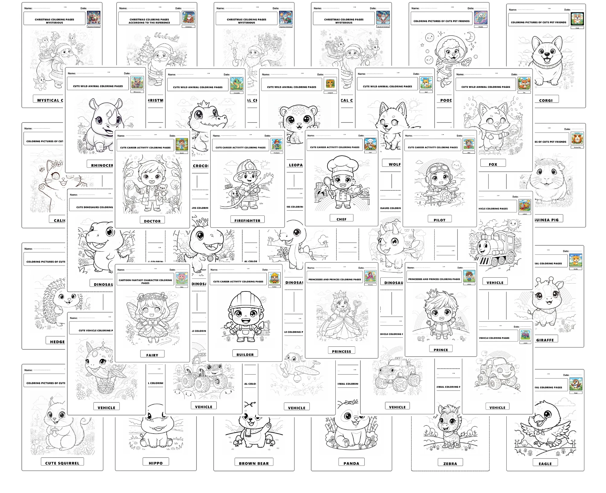 Sample coloring pages created with PageMint — animals, careers, fantasy, vehicles, holidays, and more