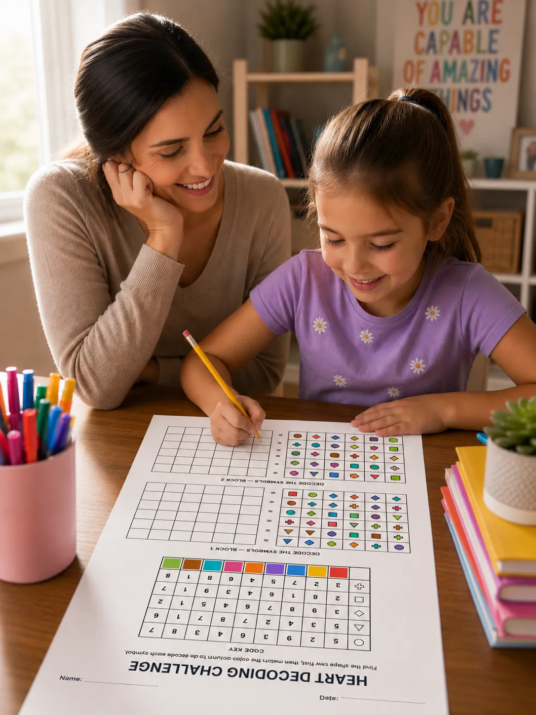 Child happily solving a symbol puzzle with an adult watching