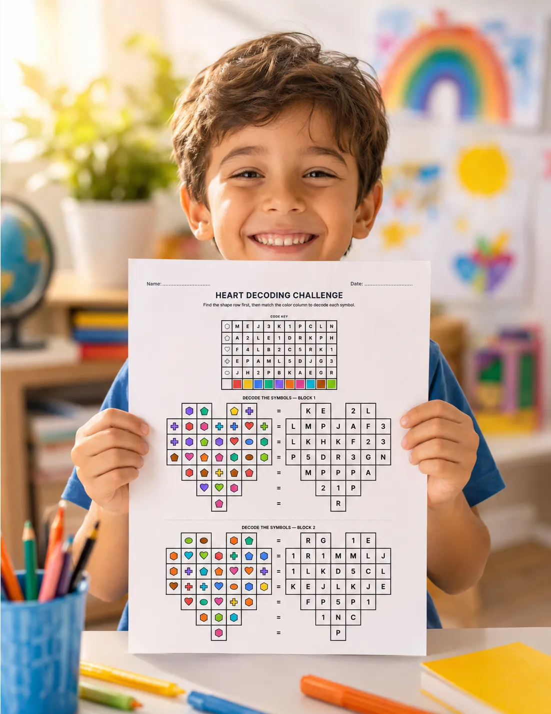 Child proudly holding up a completed SymboliQ worksheet