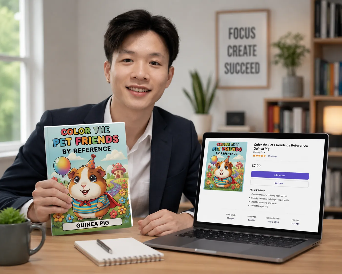 Creator holding finished coloring book with published Amazon listing on screen