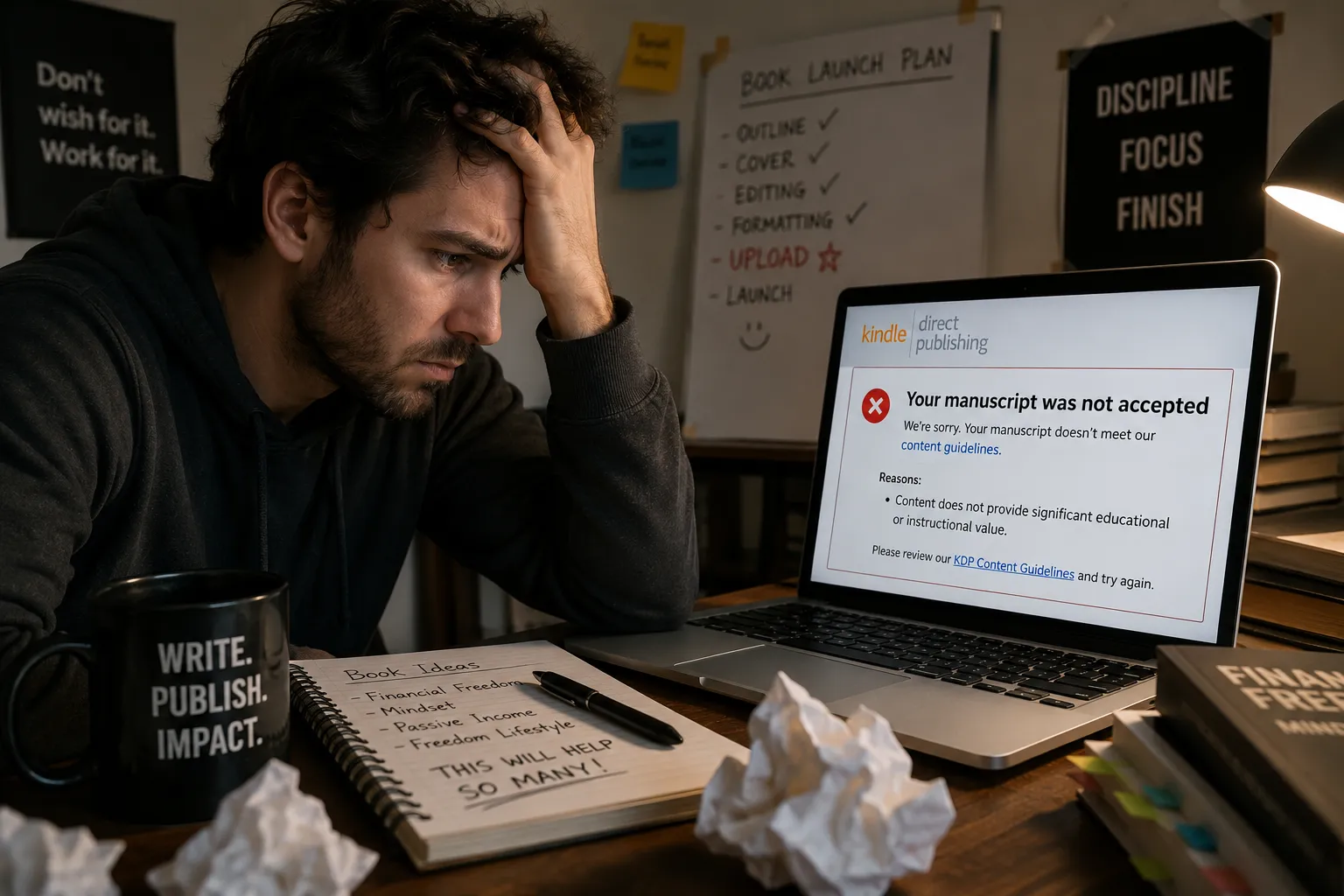 Frustrated creator staring at a rejected KDP upload screen