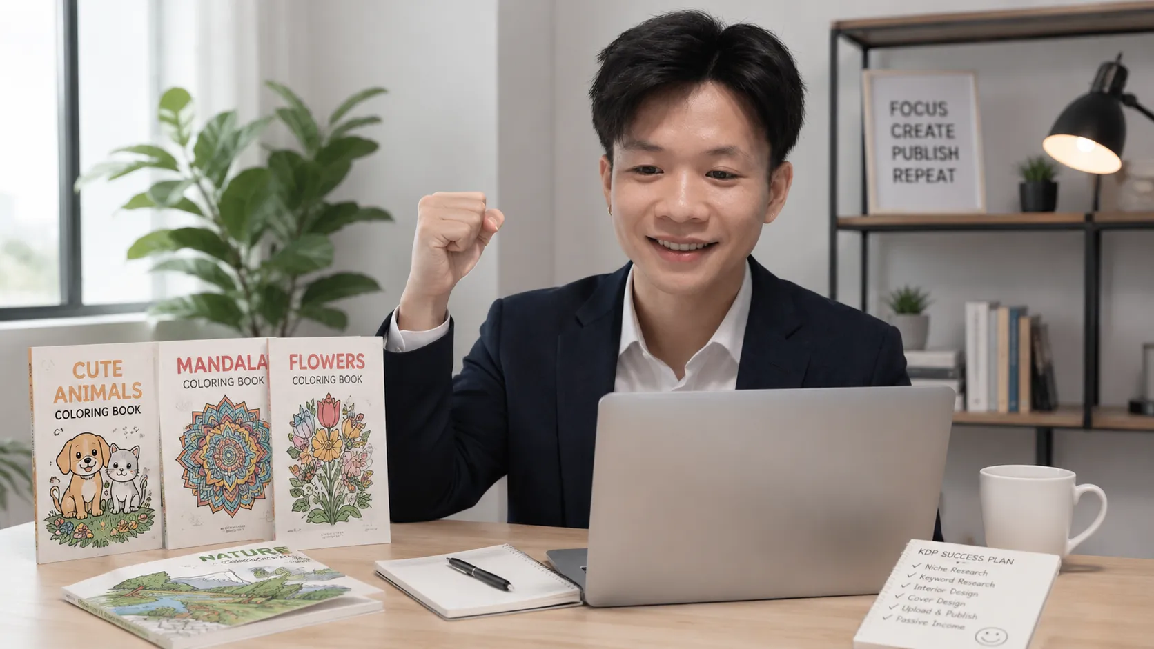 Happy creator using PageMint with finished KDP coloring books on desk