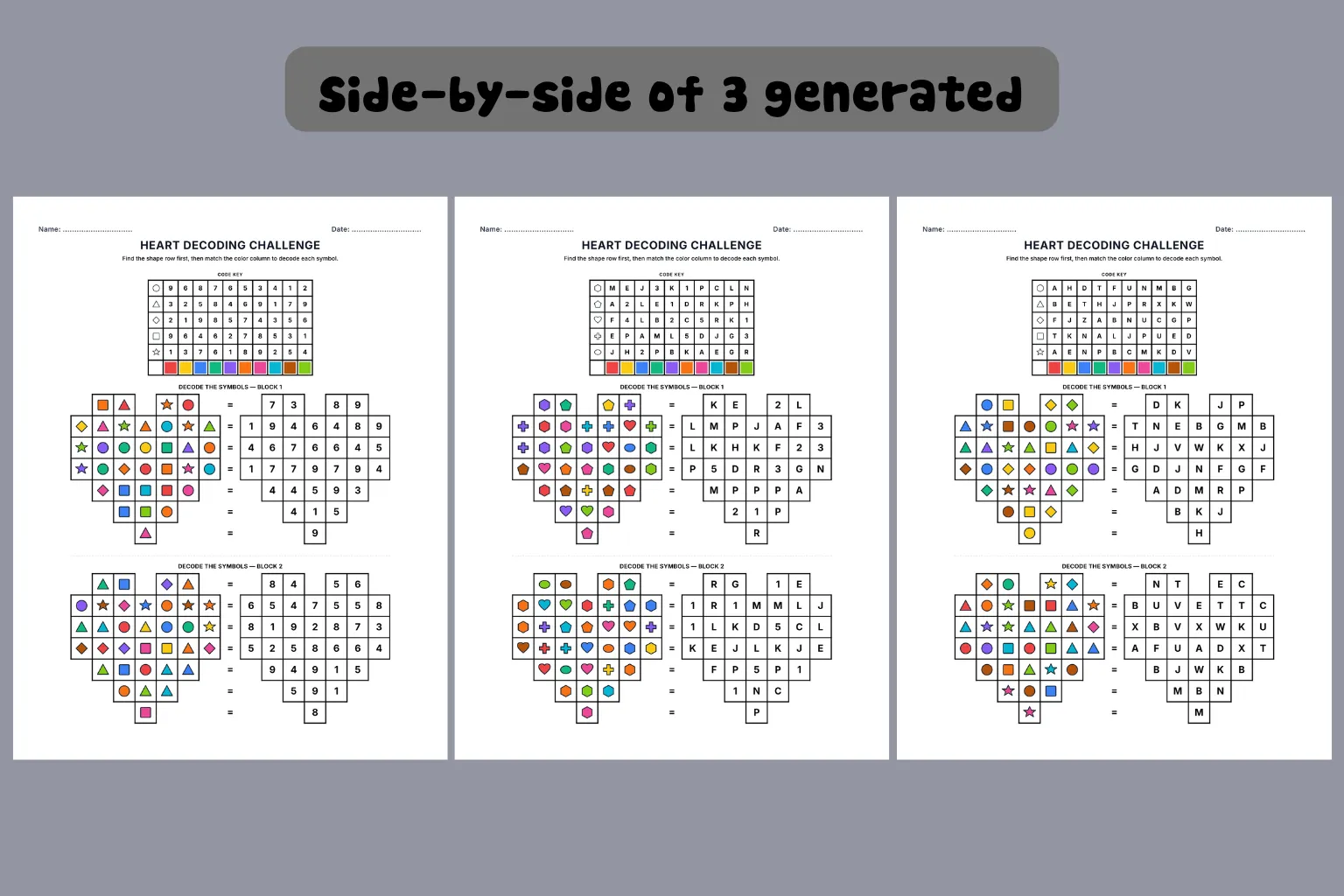 Three unique SymboliQ worksheets side by side showing different layouts and symbol codes