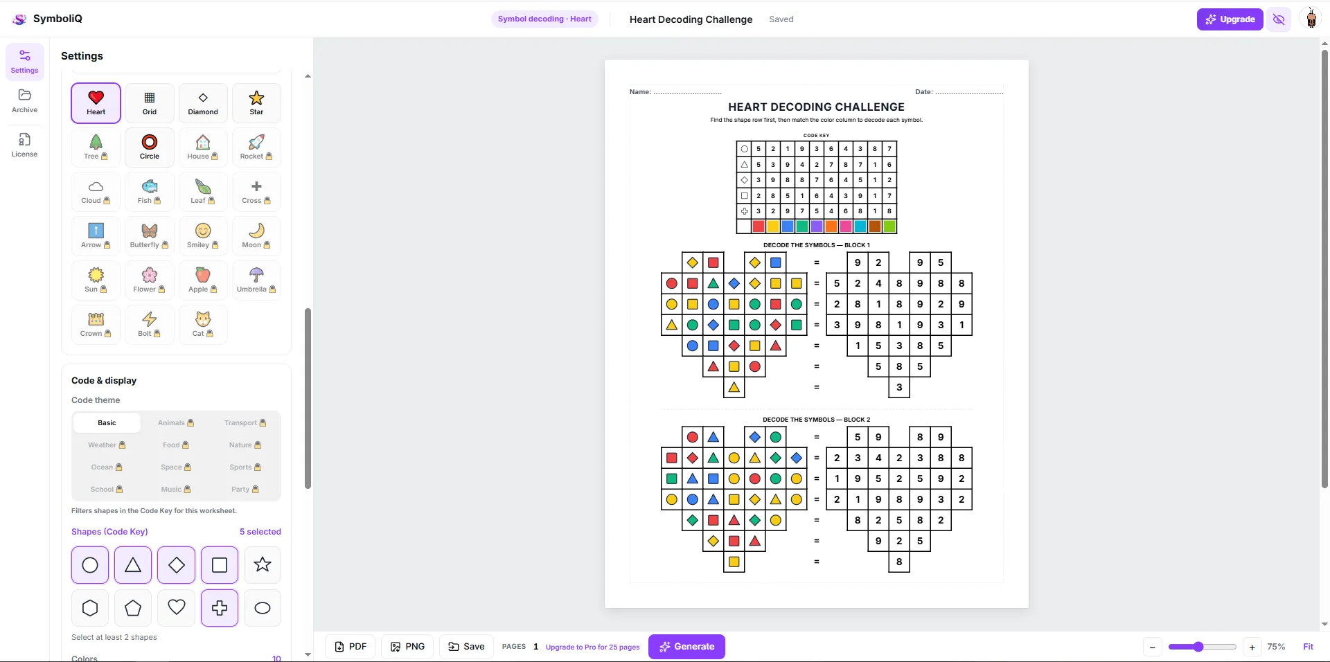 SymboliQ app interface showing worksheet preview and frame shape options