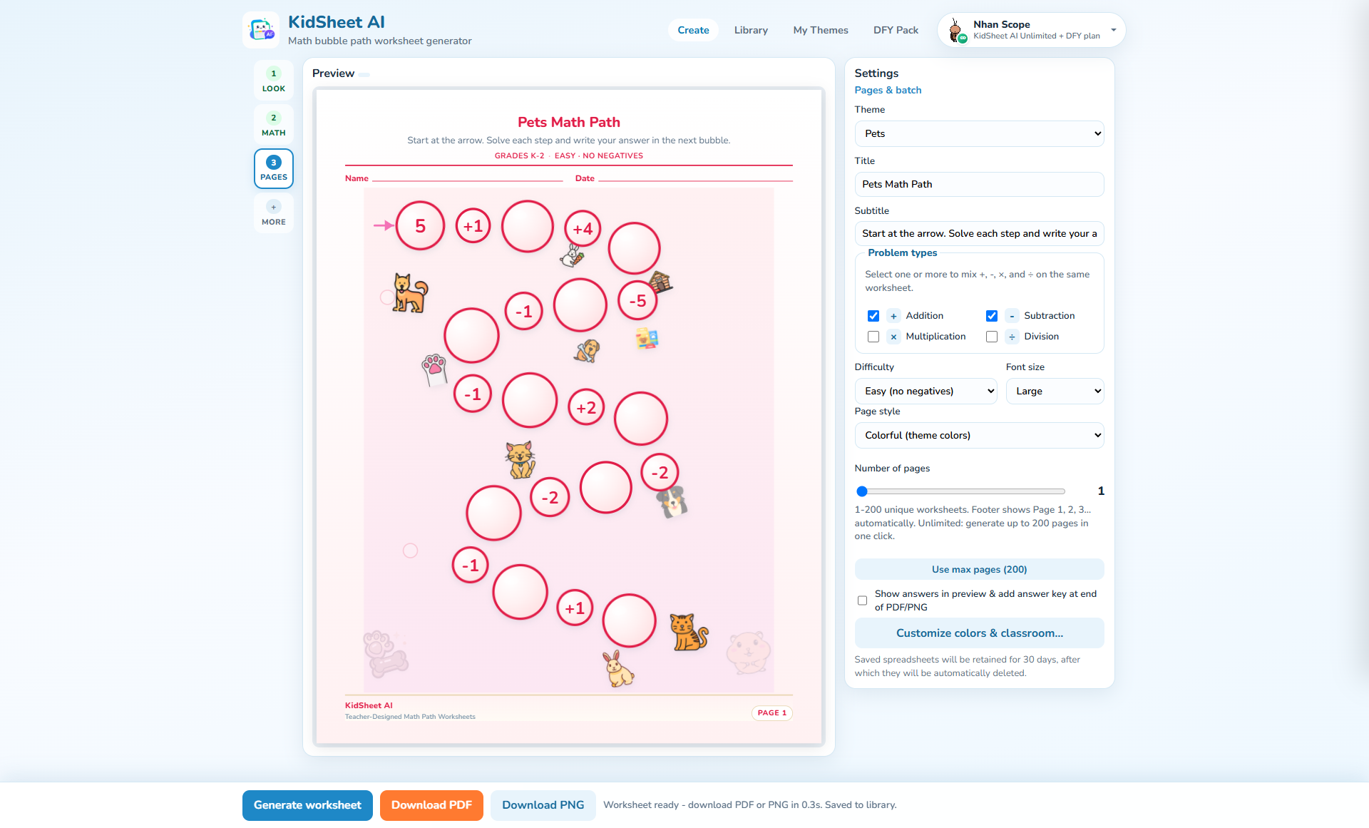 KidSheet AI interface — theme selector and Pets math worksheet preview