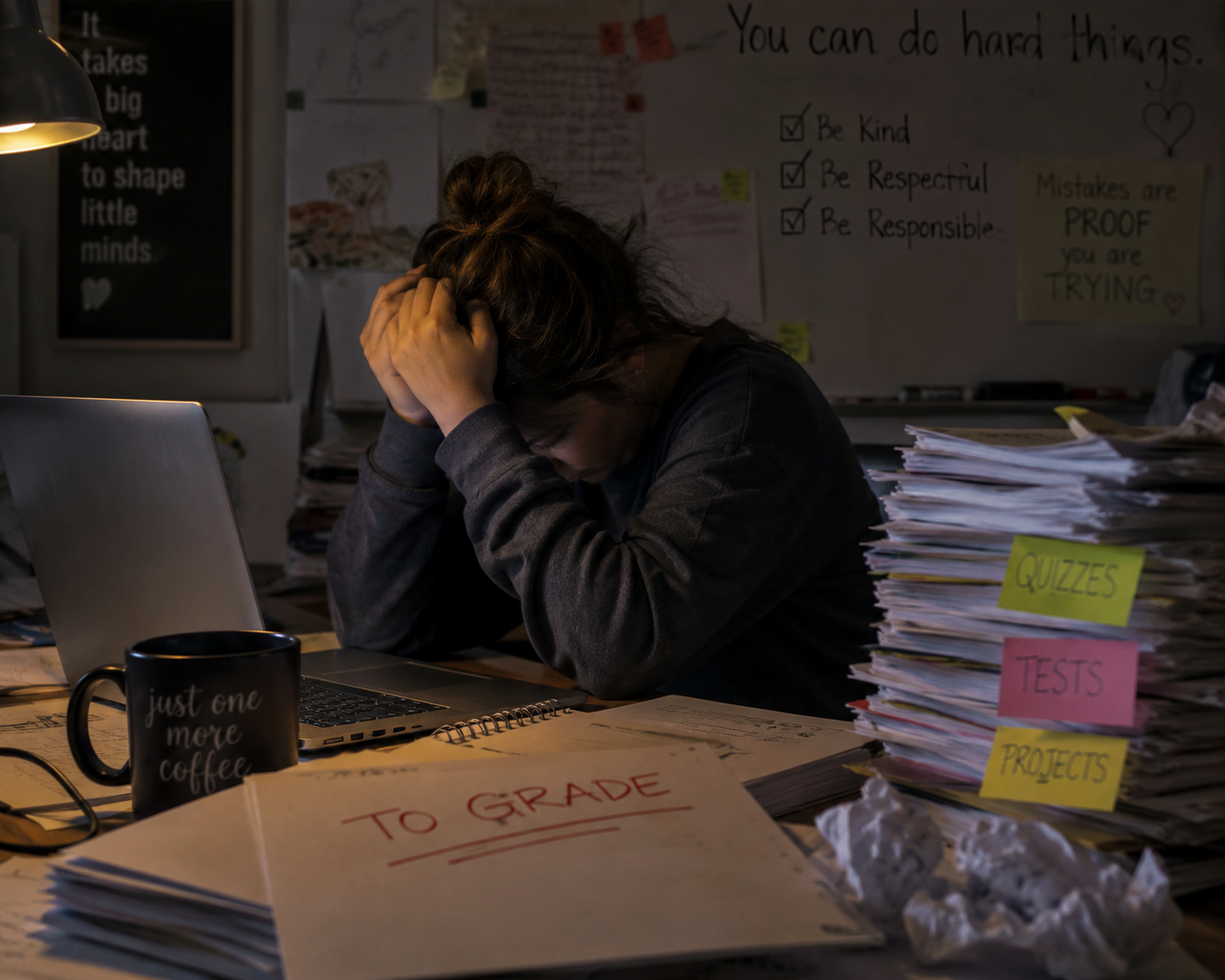 Teacher overwhelmed at desk late at night with stacks of papers to grade