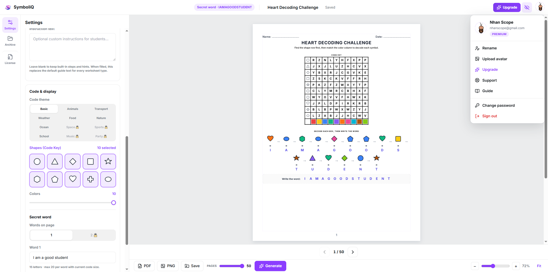 SymboliQ Premium dashboard — 50 pages, Secret Word, IQ exercises, themes and frame shapes