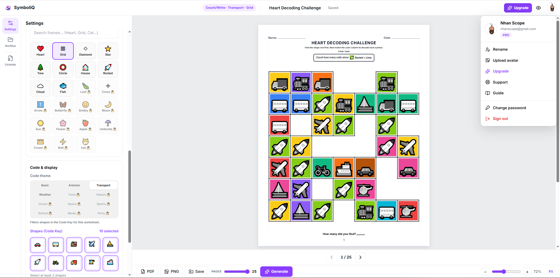 SymboliQ Pro dashboard — 25 pages, Count/Write, themes and frame shapes