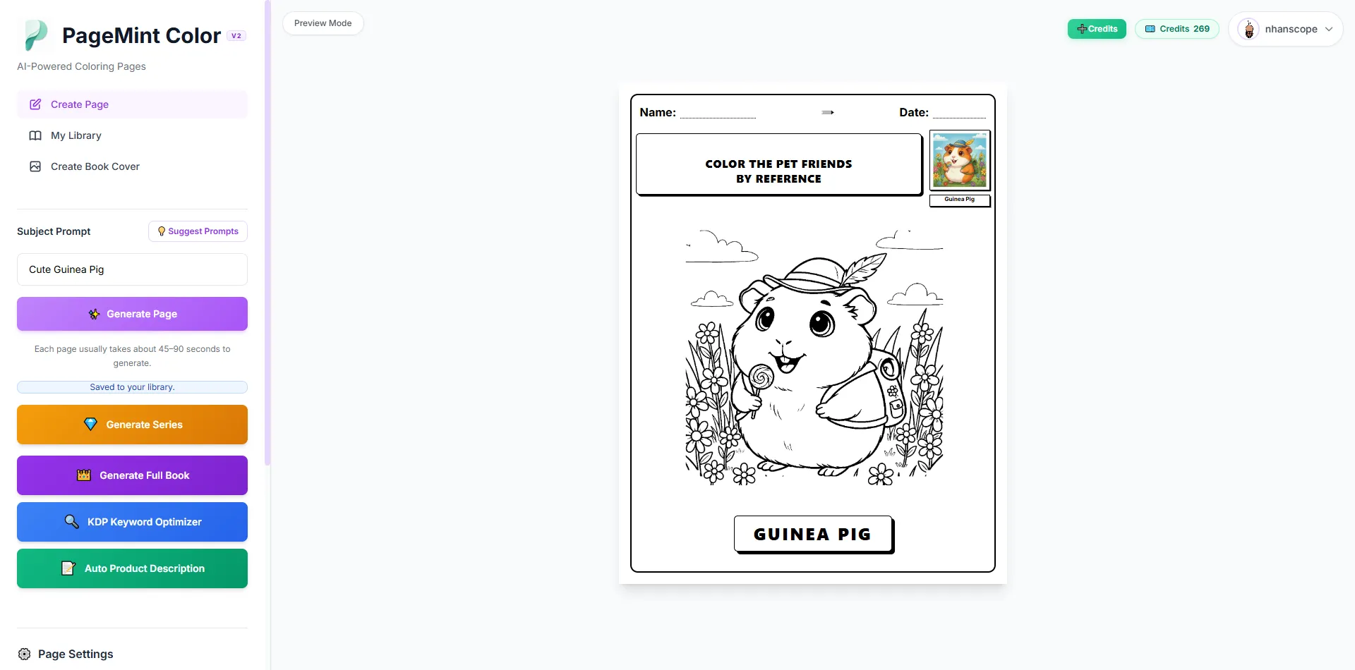 PageMint Color v2 Member dashboard — series, full book, and KDP tools