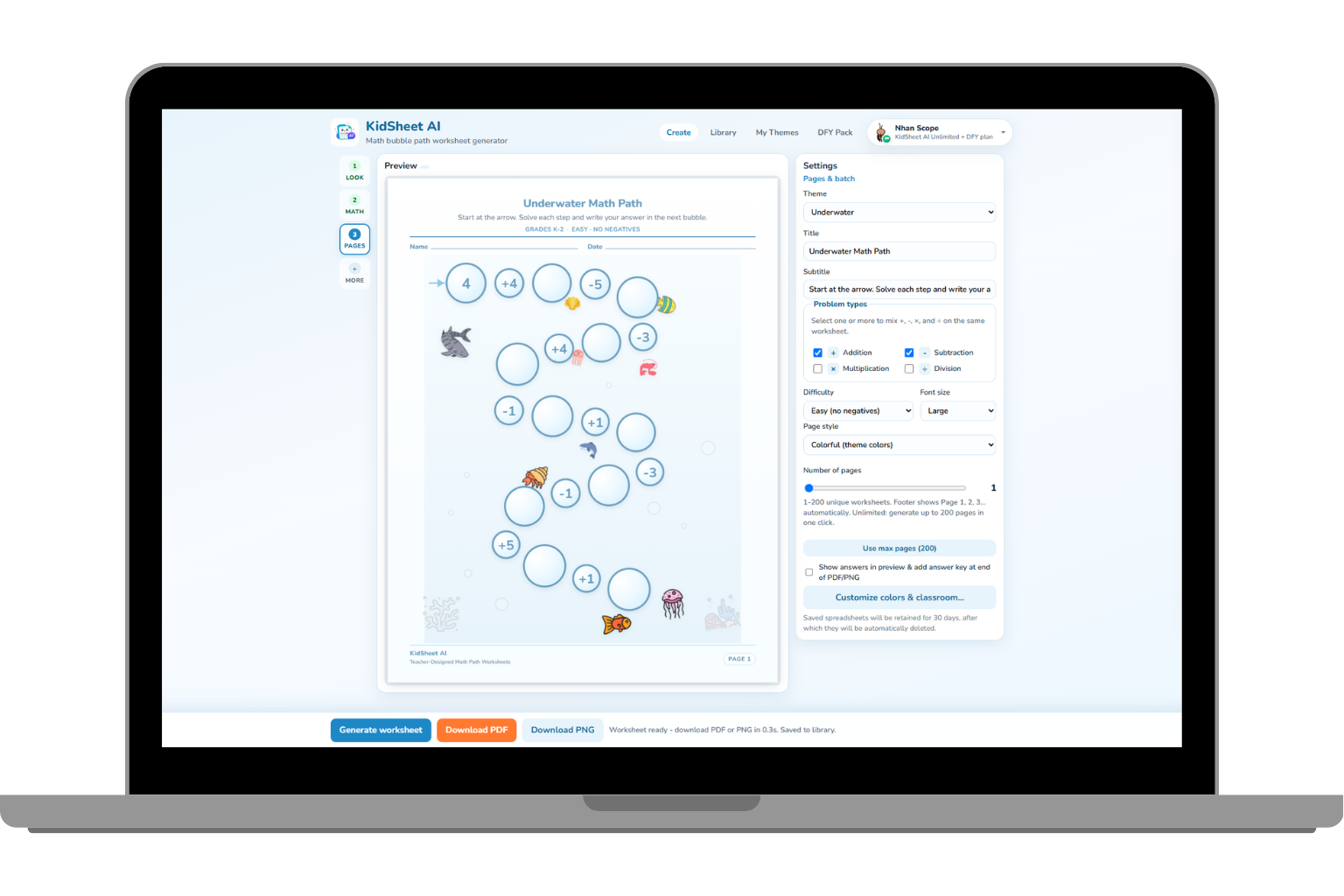 KidSheet AI product mockup — math worksheet generator on laptop