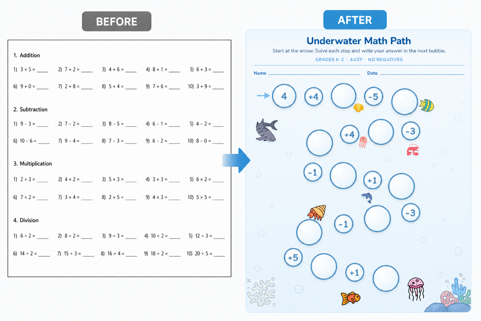 Before and after — bland math worksheet vs vibrant KidSheet AI Underwater theme