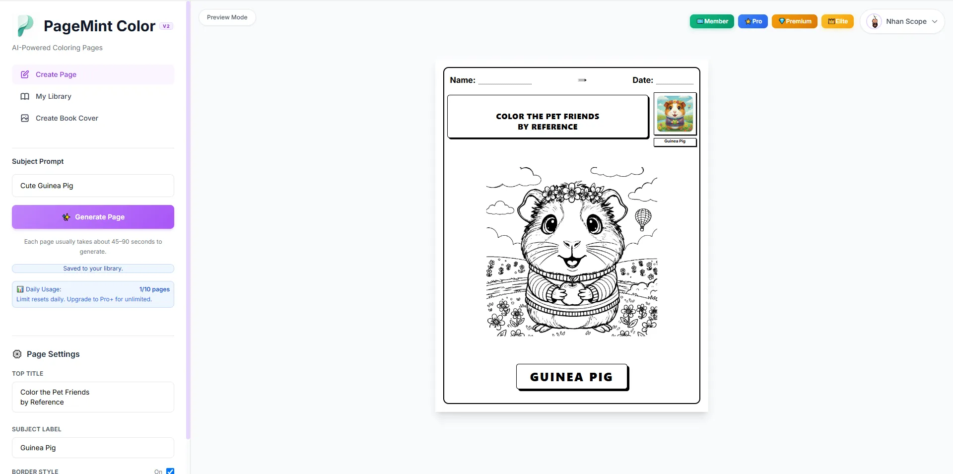PageMint Color v2 Starter dashboard — single page generation