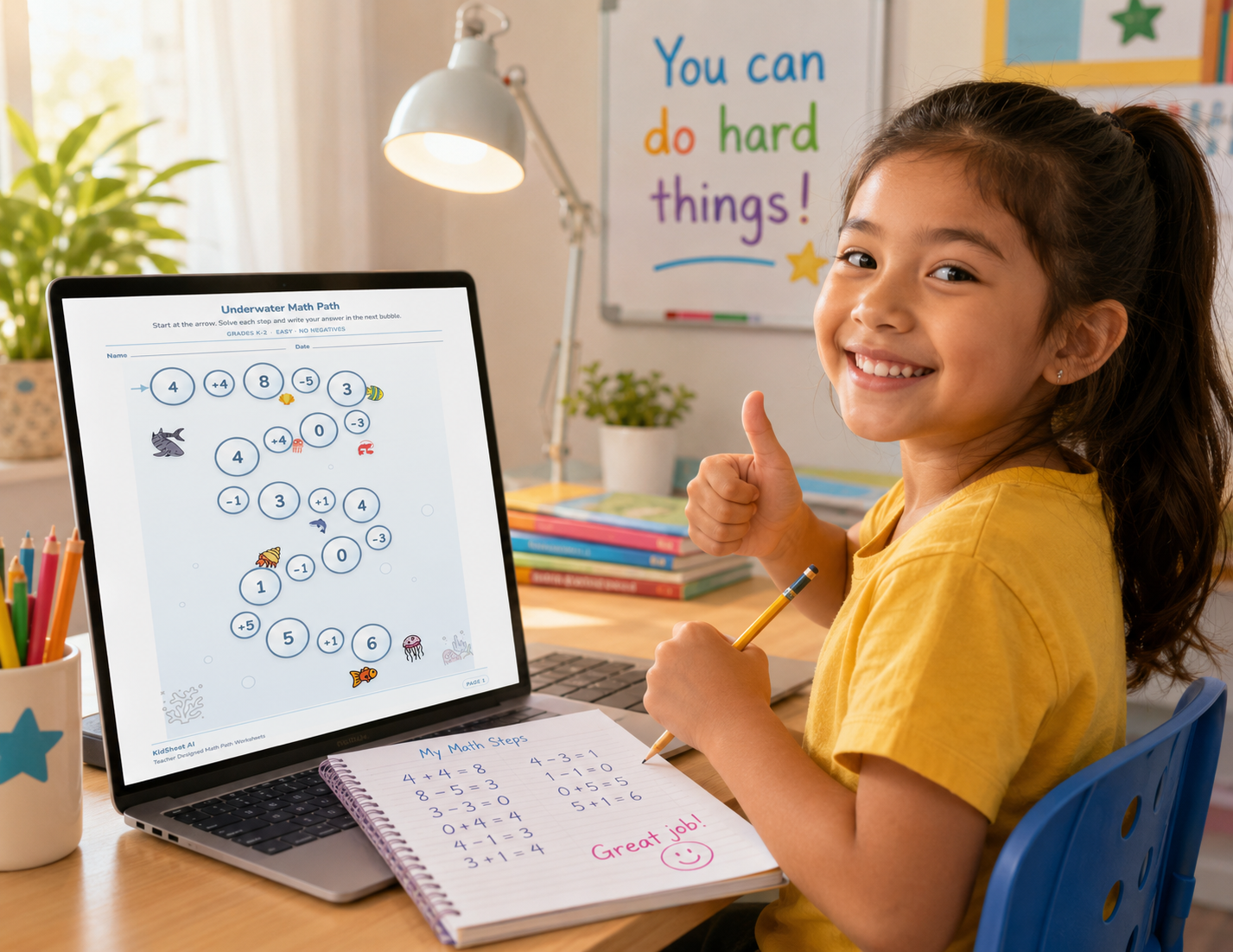 Happy child giving thumbs up while working on KidSheet AI Underwater math worksheet