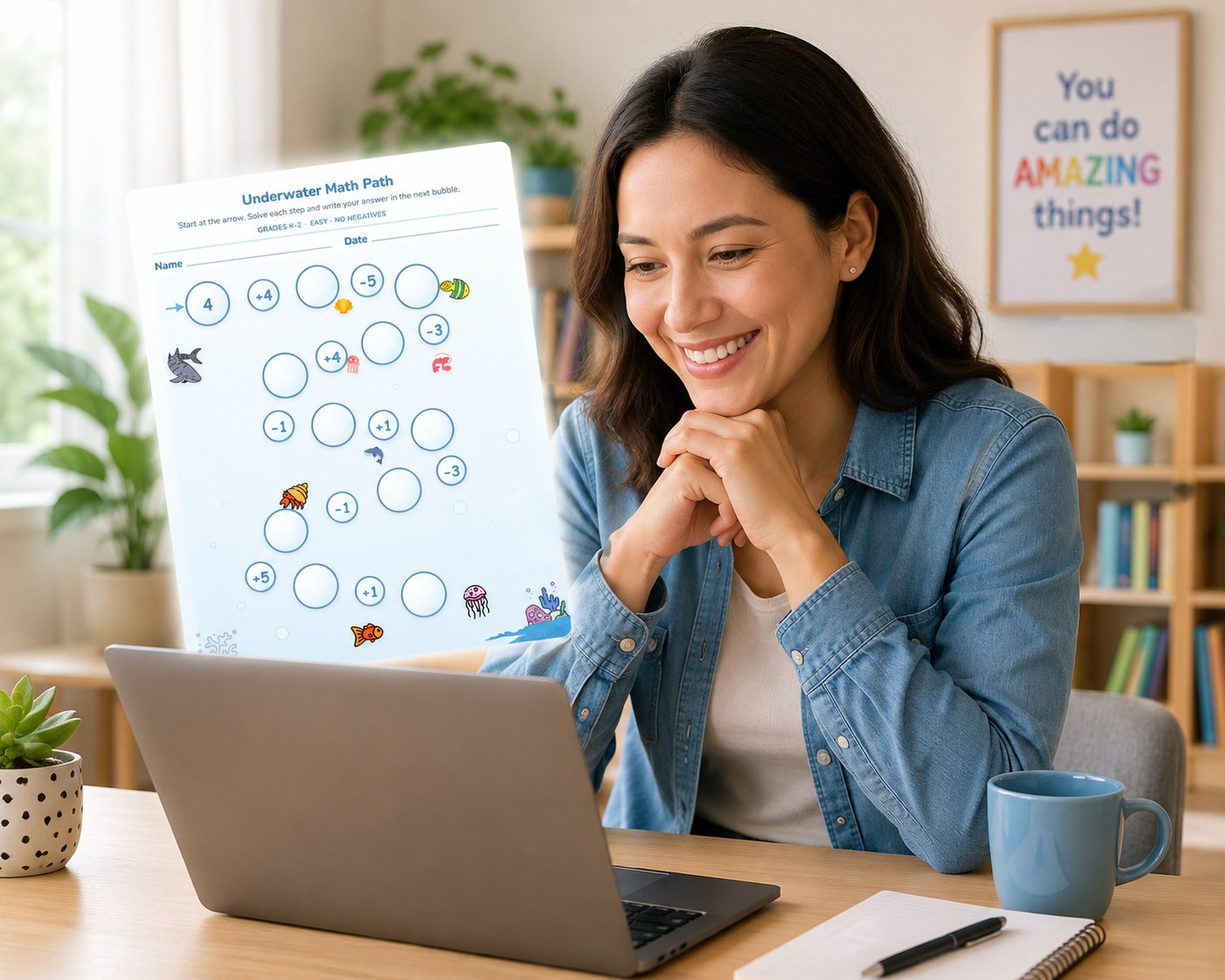 Smiling teacher at laptop with KidSheet AI Underwater math worksheet preview