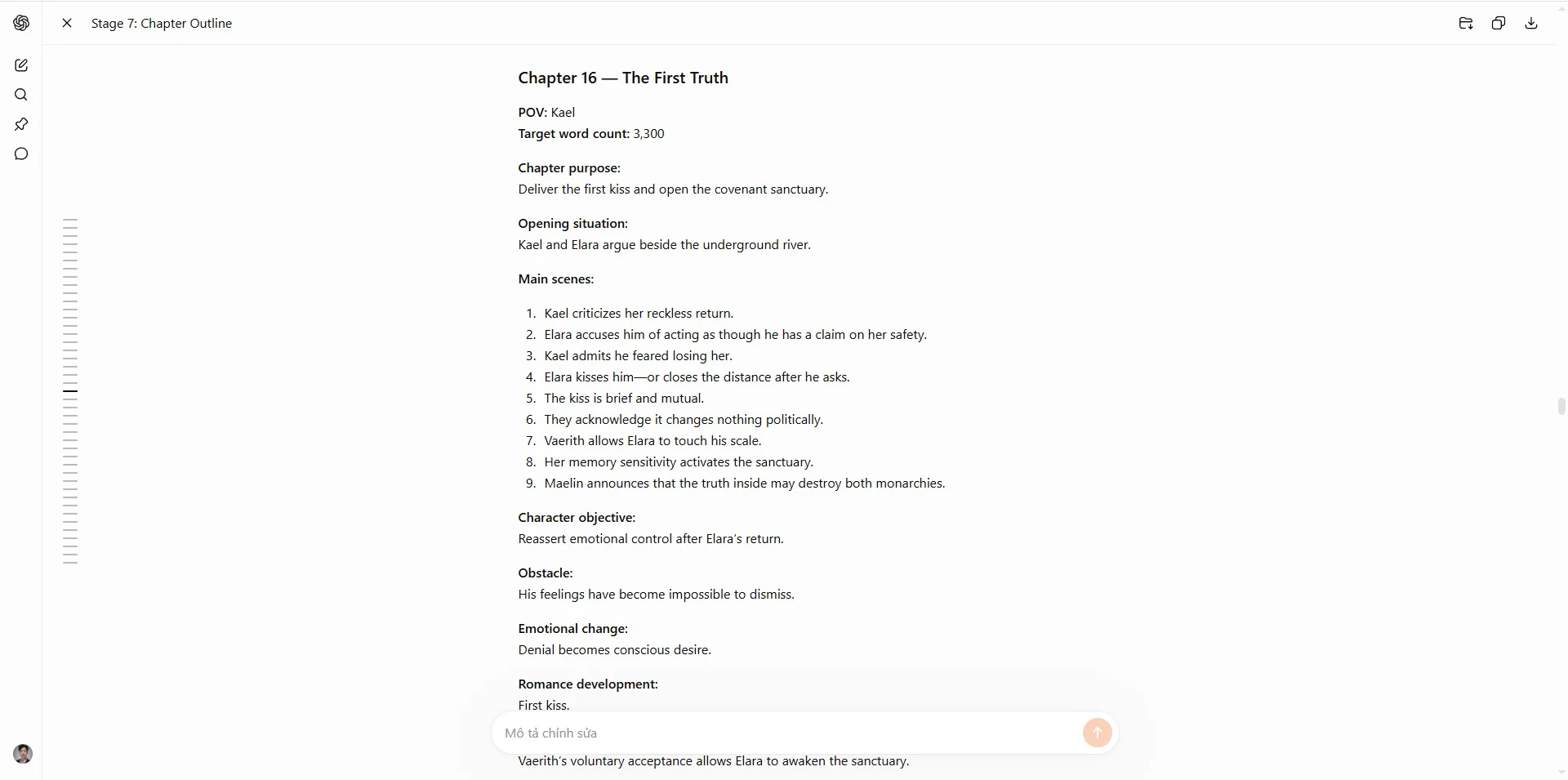 Chapter 16 outline — POV, scenes, romance beat, betrayal cliffhanger