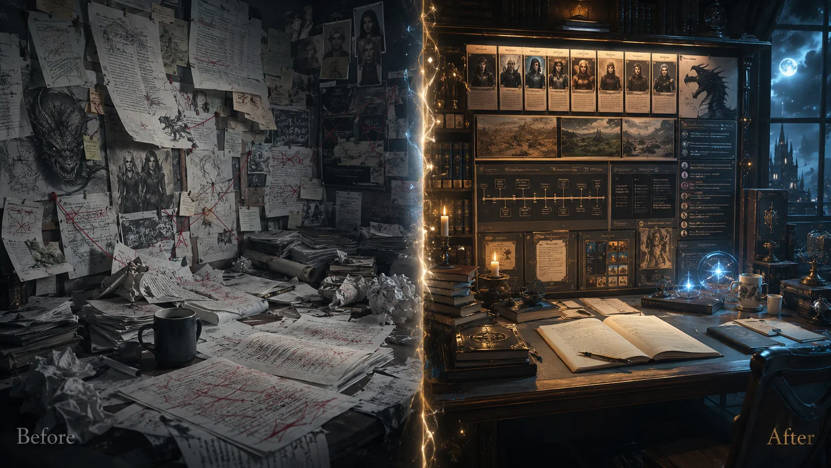 Before and after continuity — chaotic plot board versus organized story bible