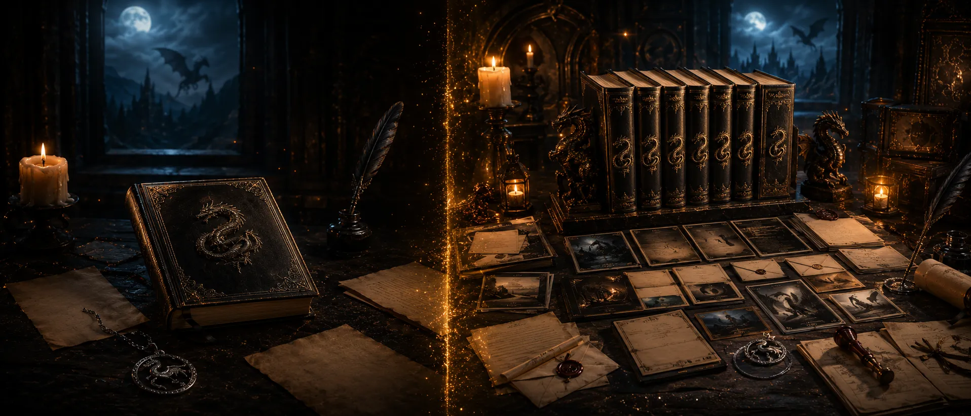 Before and after — lone manuscript versus full series shelf with launch kit