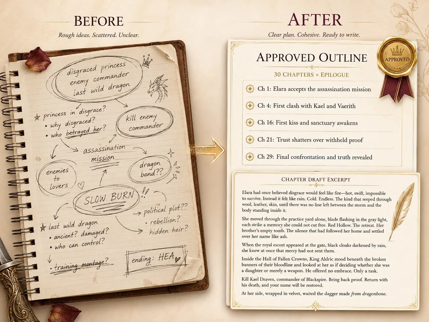 Before and after — messy notes transformed into an approved outline and chapter draft excerpt