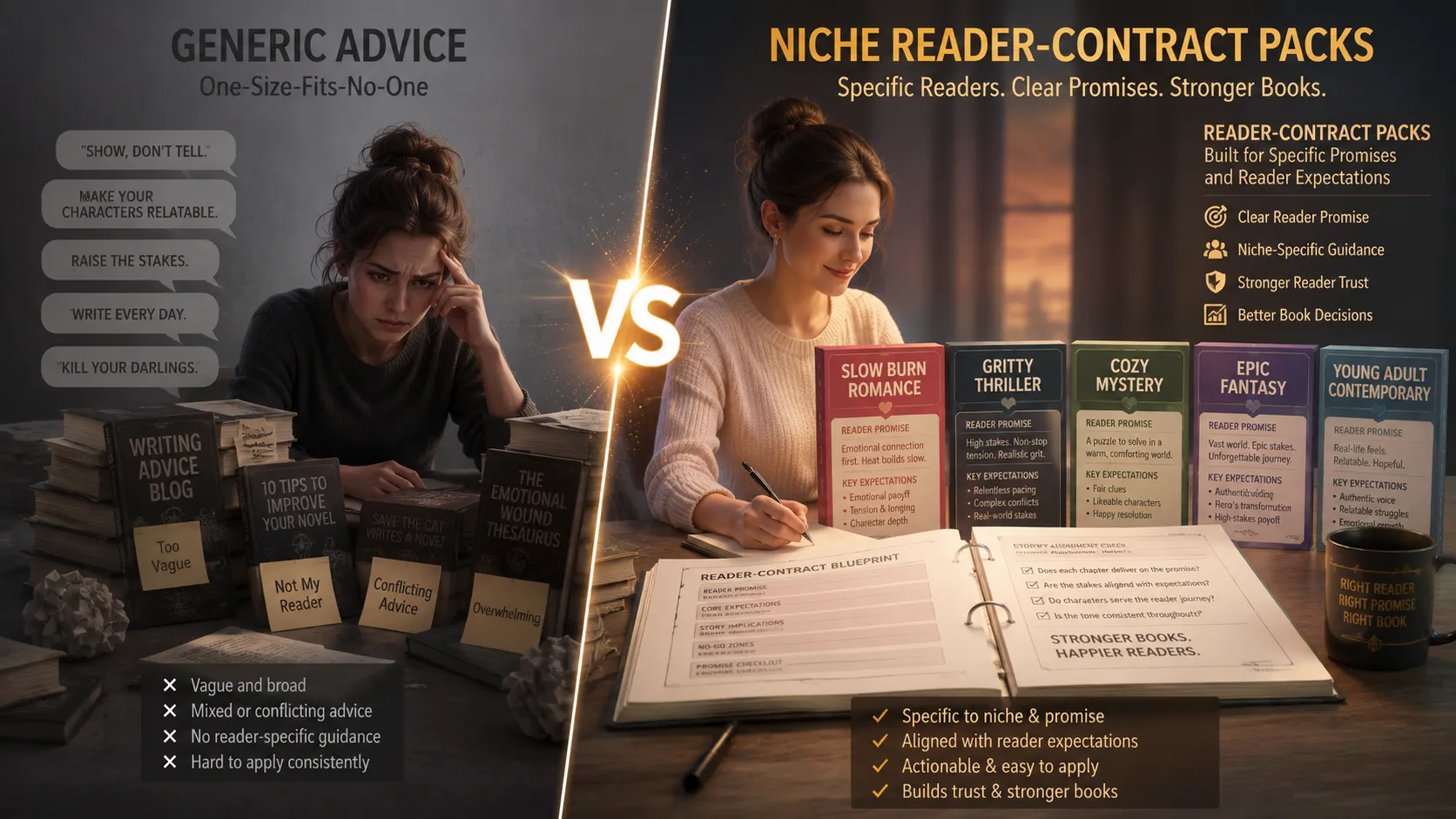 Generic writing advice versus niche reader-contract packs — specific promises, stronger books