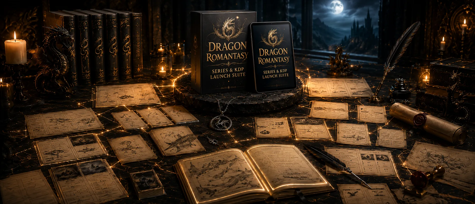 Climax — series roadmap and KDP launch assets spread across the desk