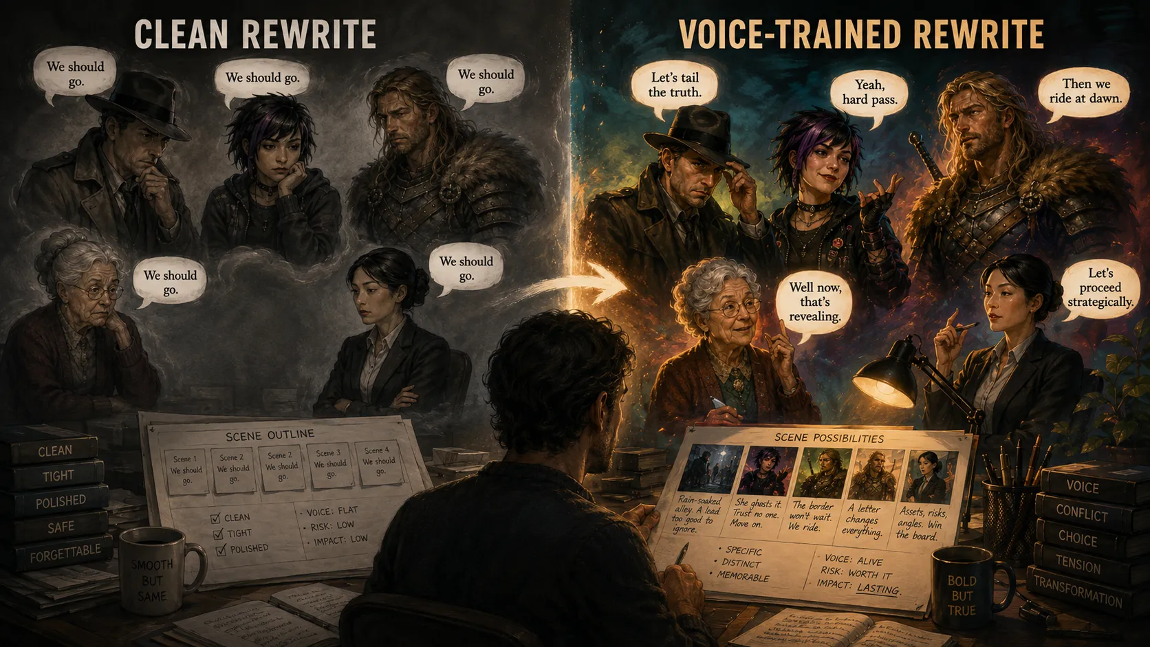Clean rewrite vs voice-rule-trained rewrite — drift on the left, intended voice on the right