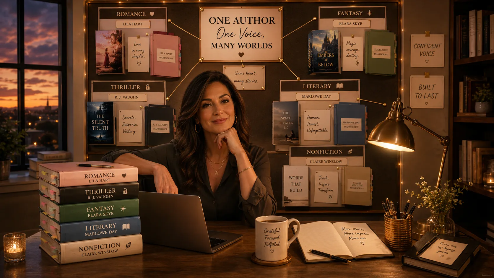 Author confident across genres and pen names — one voice, many worlds