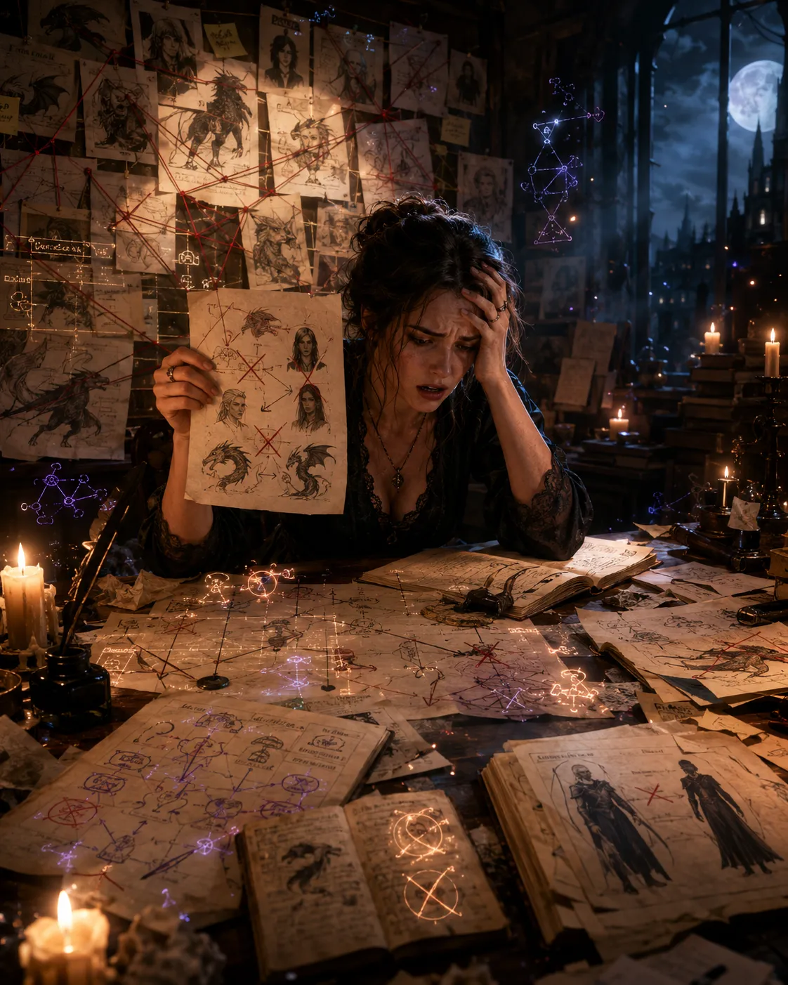 Continuity crisis — overwhelmed author facing tangled plot threads and contradictions
