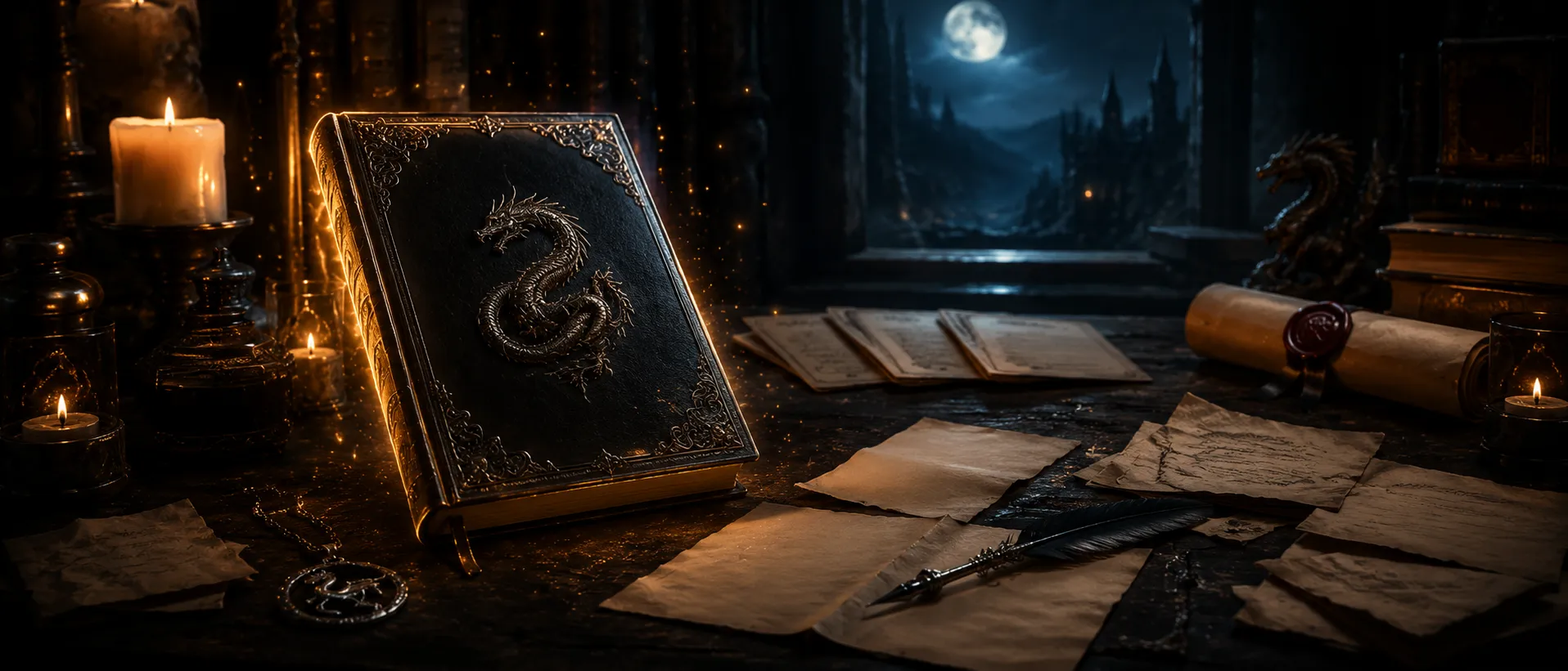 Emotional beat — one finished book glowing on a desk, sequels still waiting to be written