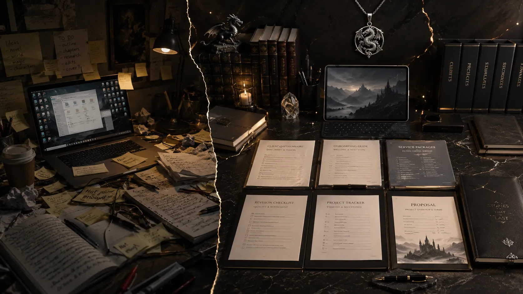 Emotional beat — freelancer chaos versus client-ready studio desk