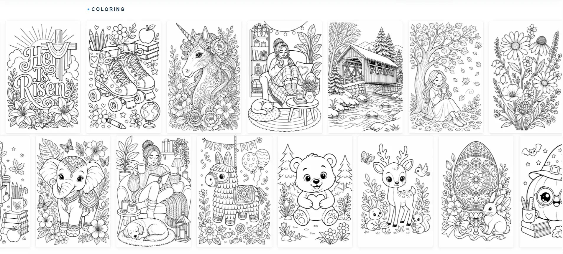 Coloring book pages generated during Imagine AI testing