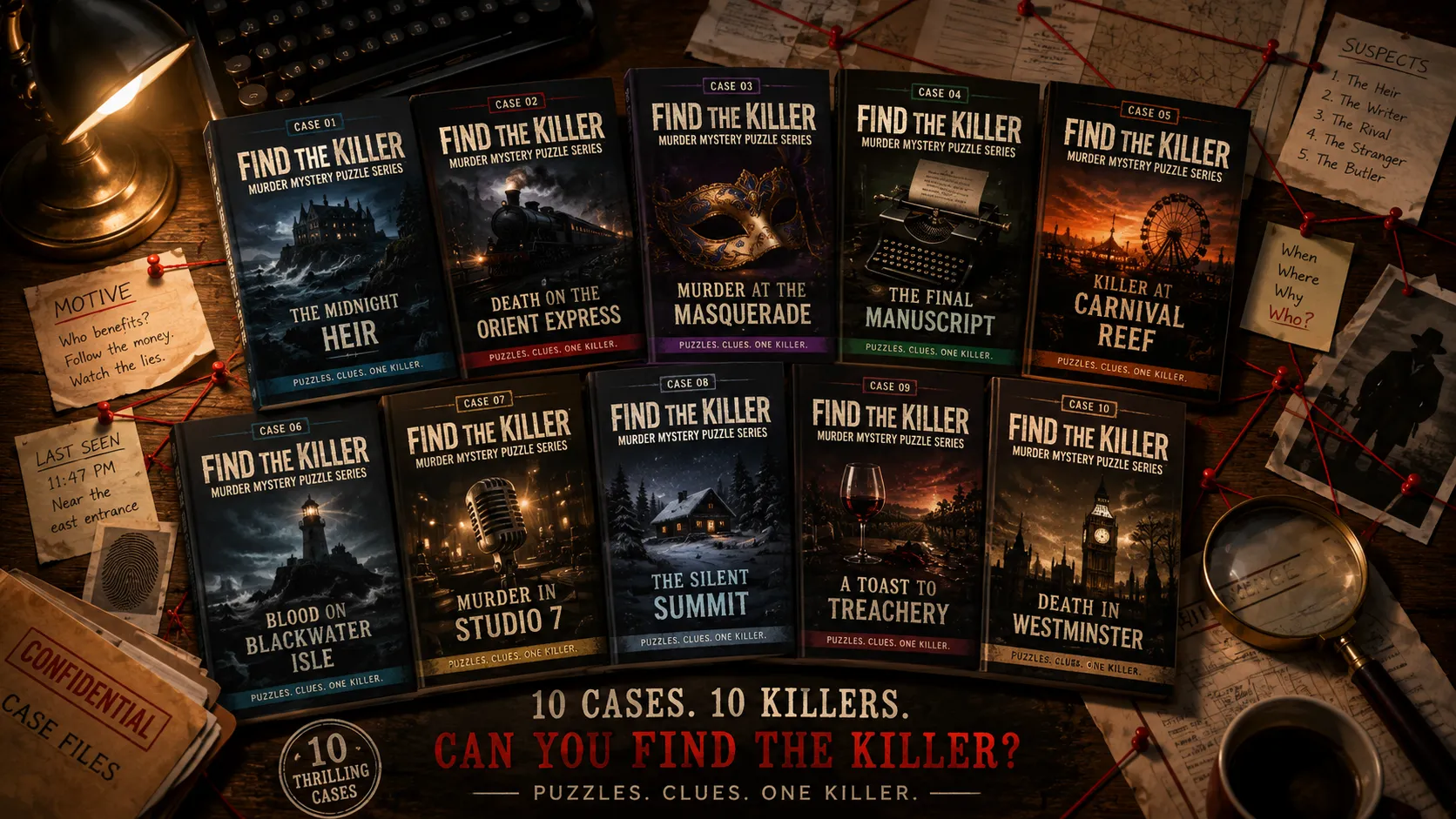 Detective desk with ten branded Solve The Case puzzle book covers