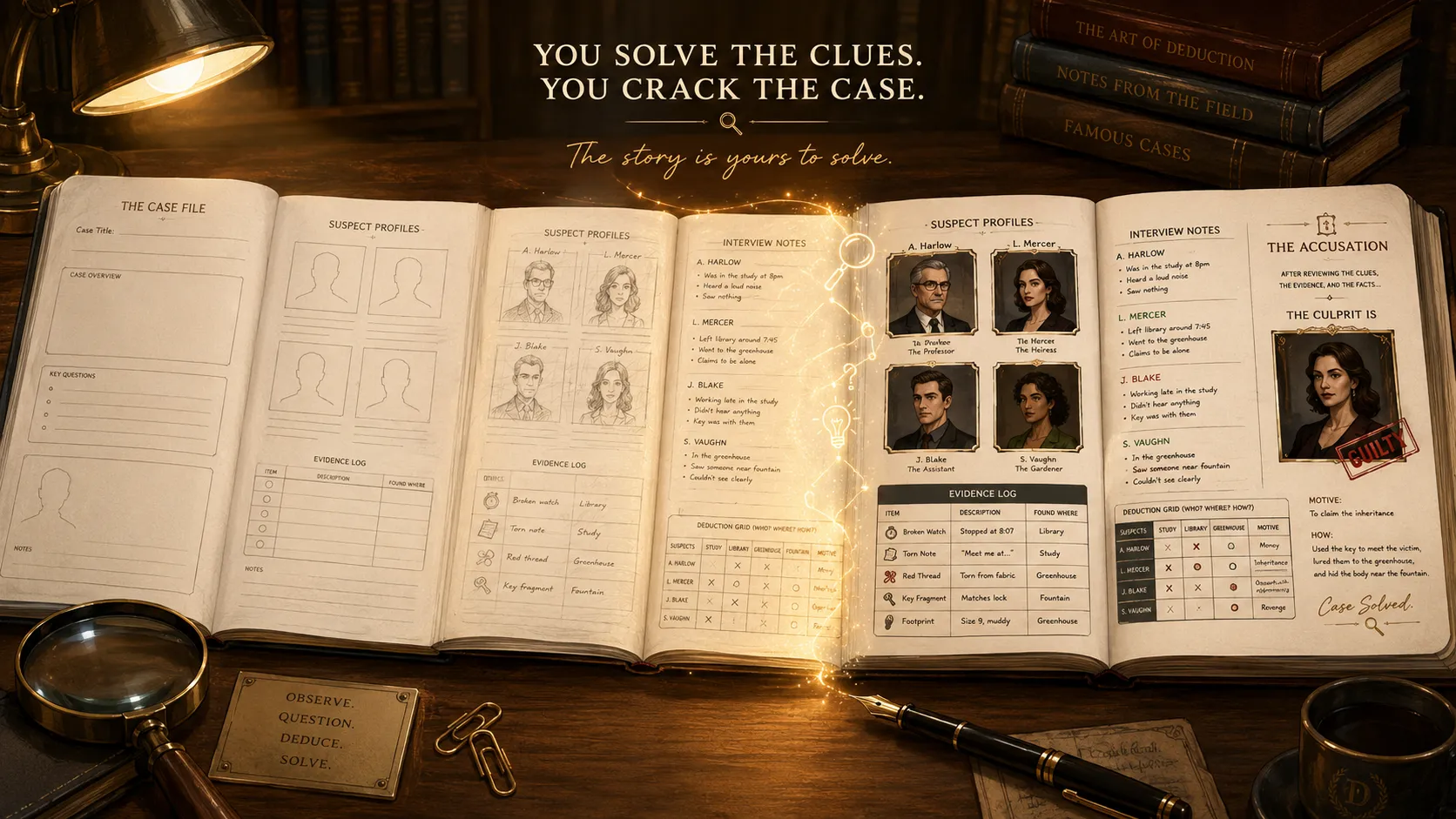 Illustration of puzzle book interior transforming from blank pages to completed case file spread in warm library atmosphere