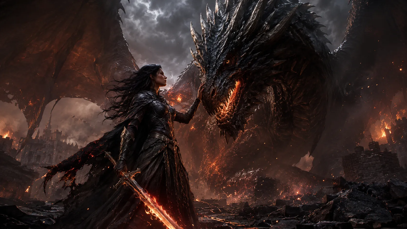 Dragon battle action peak — heroine bonded with dragon on a battlefield