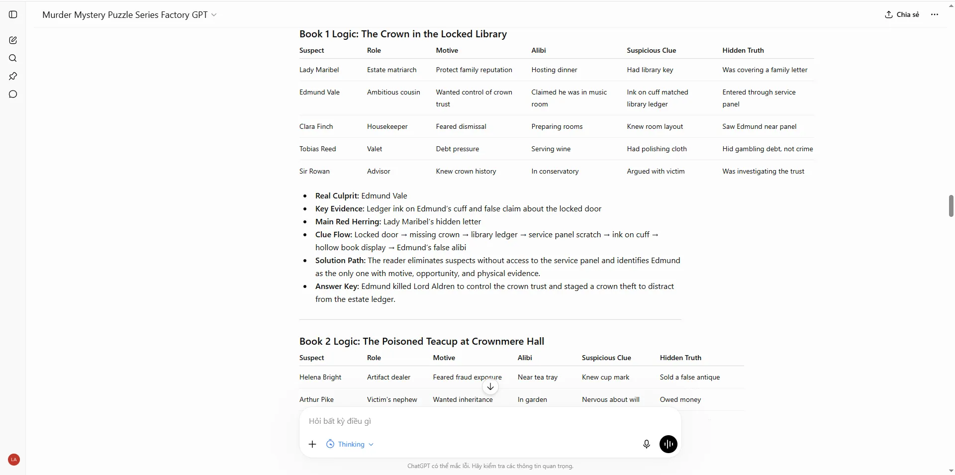 GPT chat interface showing a suspect table and clue flow being generated mid-conversation