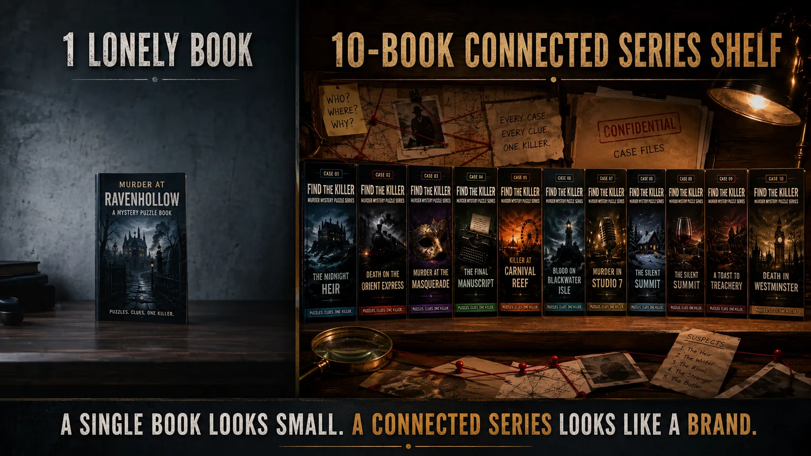 Side-by-side comparison of one lonely puzzle book versus a connected ten-book series shelf