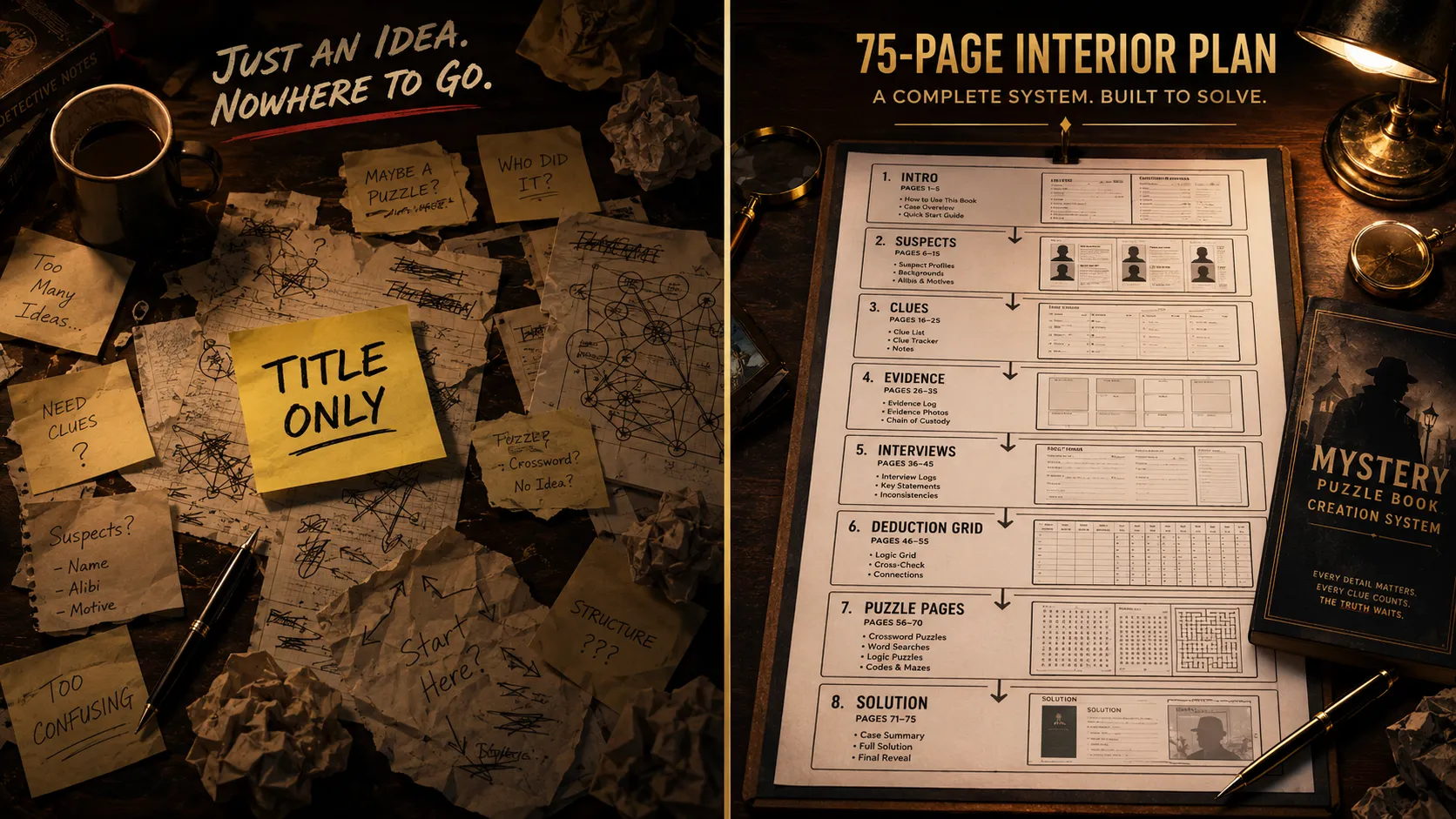 Side-by-side contrast of messy title-only sticky notes versus organized 75-page interior flow chart