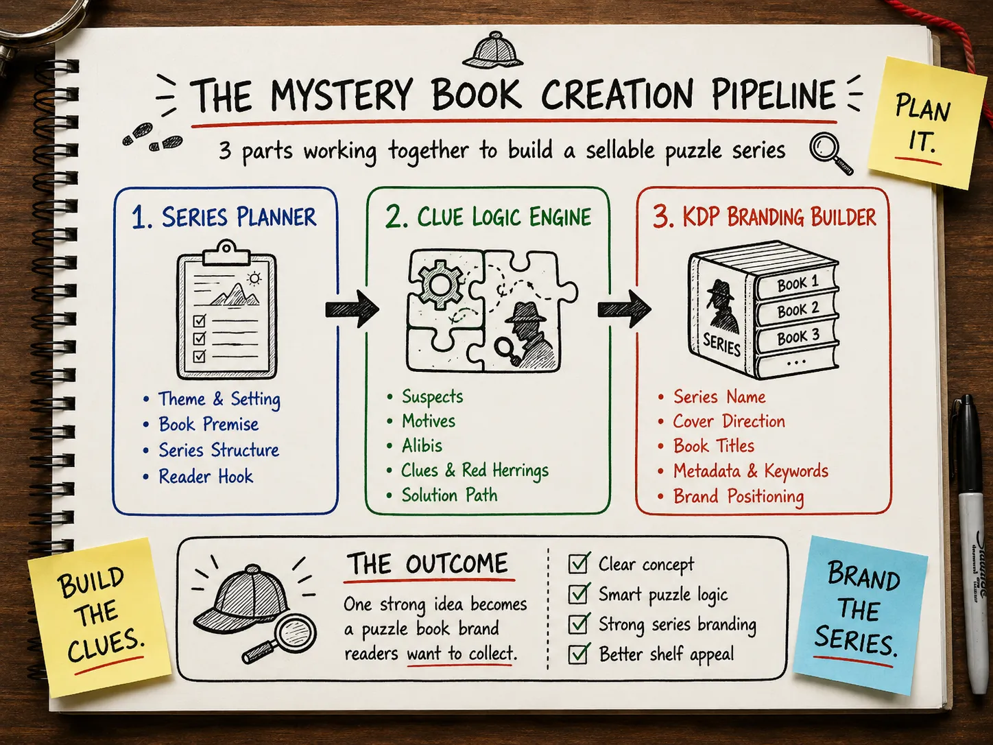 Diagram of Series Planner, Clue Logic Engine, and KDP Branding Builder working as connected stages