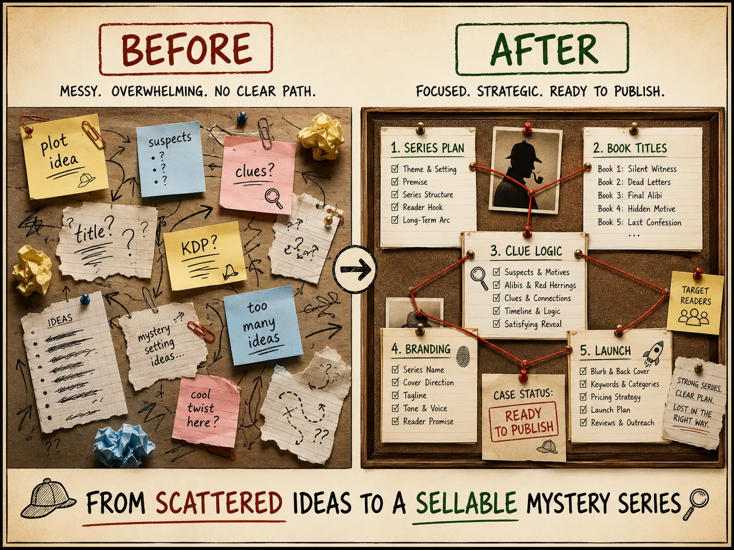 Before and after graphic — messy sticky notes on the left, organized case board on the right