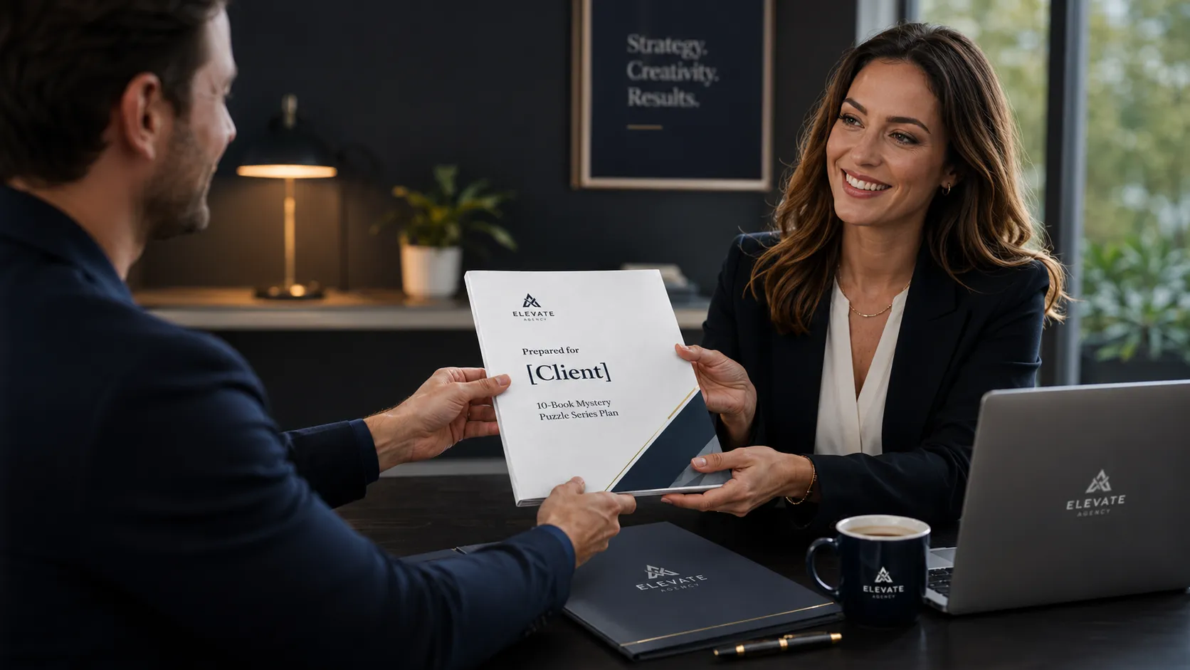 Creator handing branded mystery puzzle planning report to a satisfied client