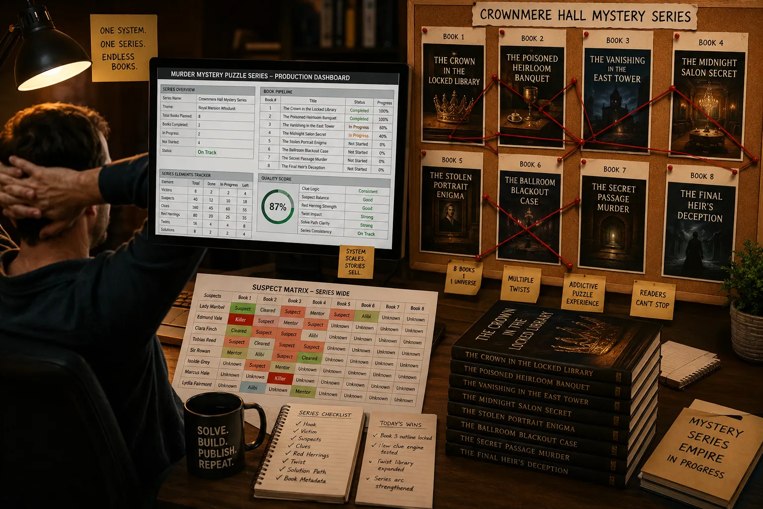 KDP creator reviewing a full series production dashboard with spreadsheet, suspect matrix, and case board of book titles