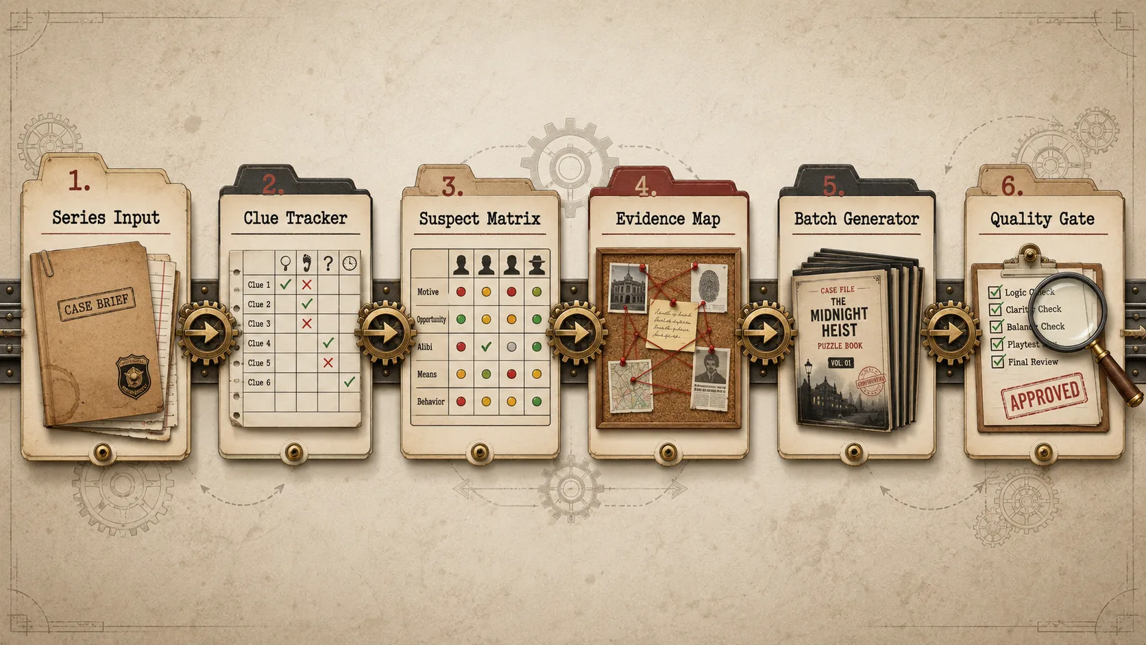 Workflow diagram showing series input through clue tracker, suspect matrix, evidence map, batch generator, and quality gate
