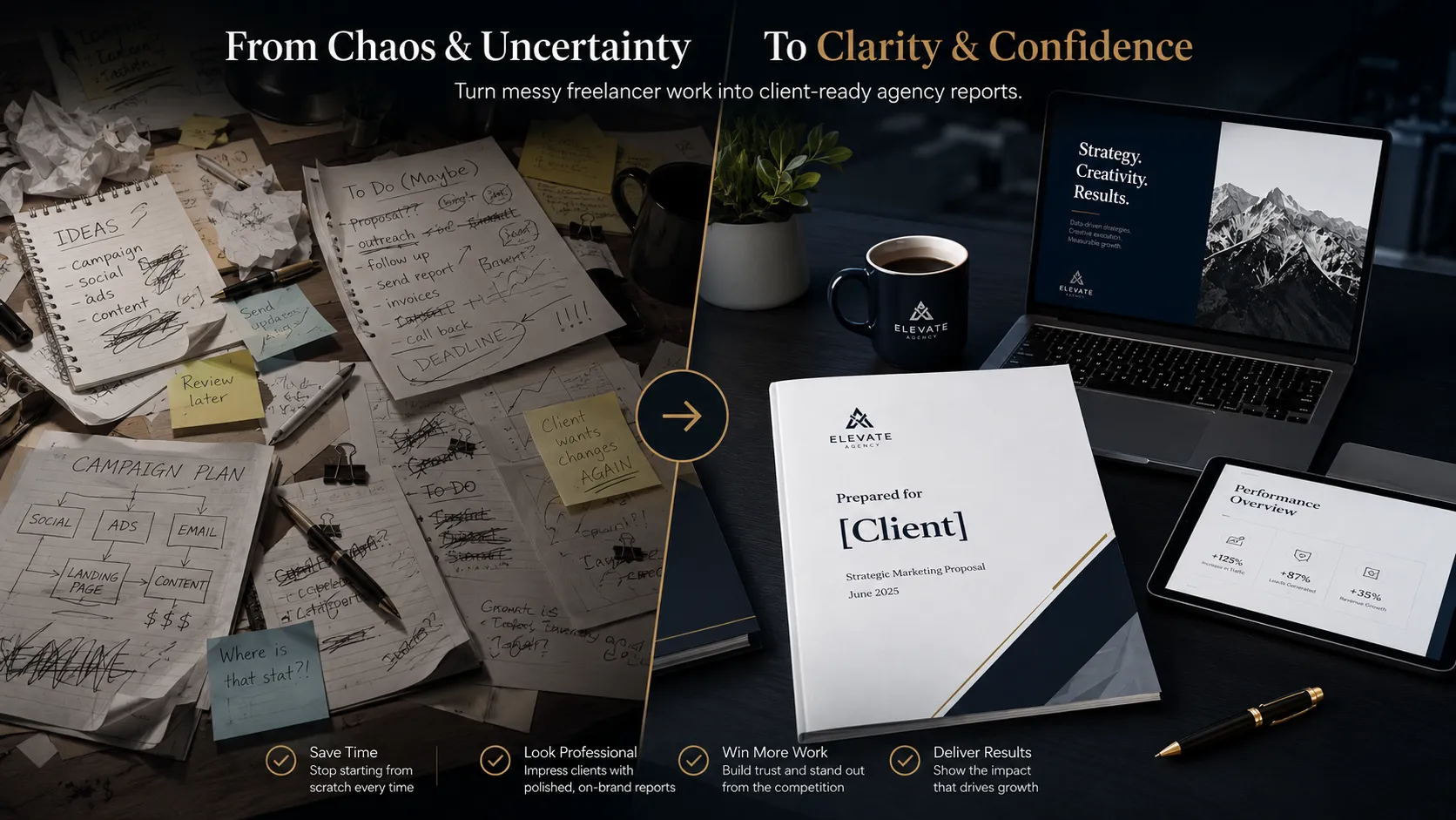 Side-by-side contrast of messy freelancer notes versus polished client-ready PDF report with agency branding