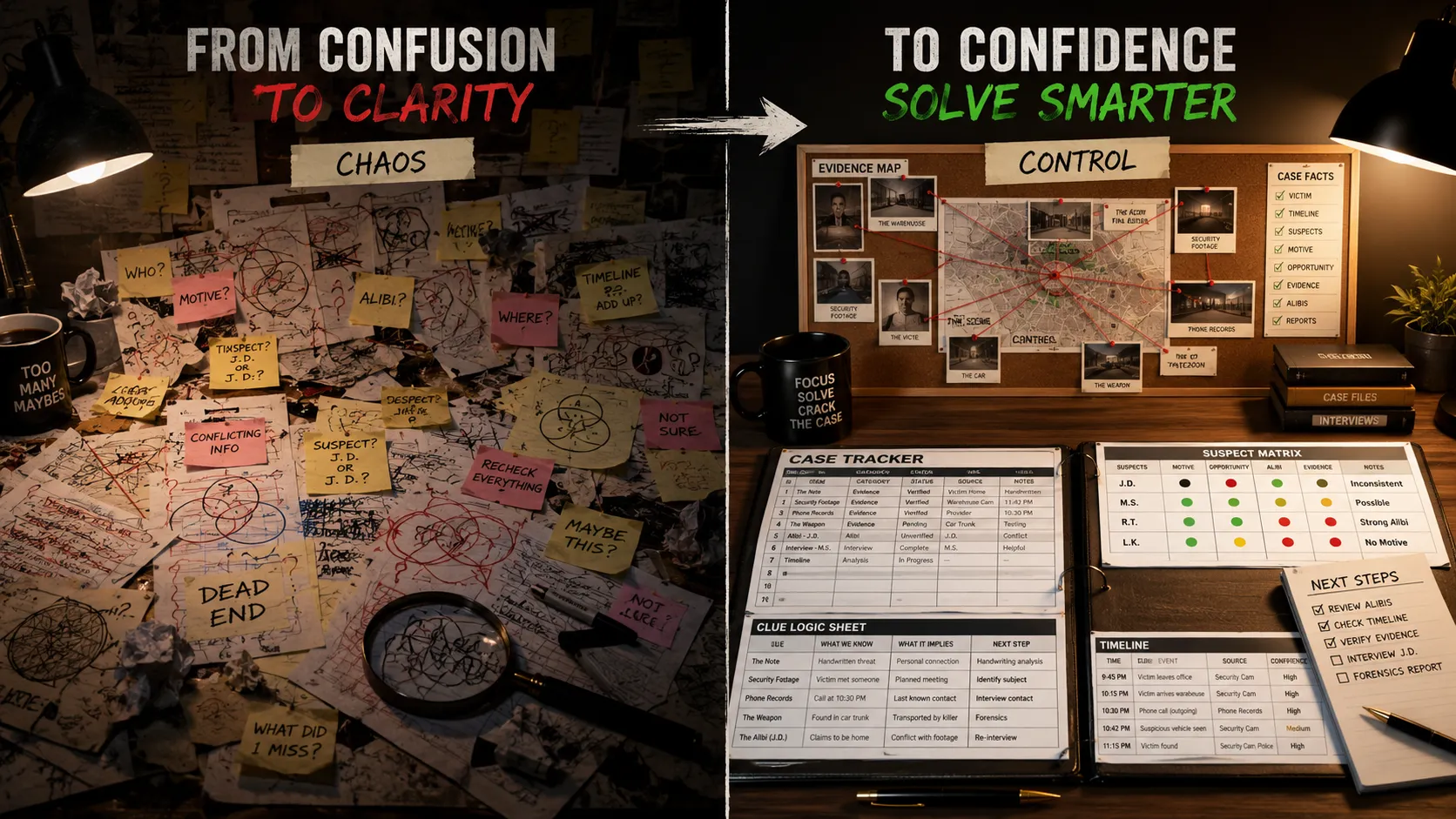 Side-by-side contrast of chaotic clue notes versus organized spreadsheet tracker with suspect matrix
