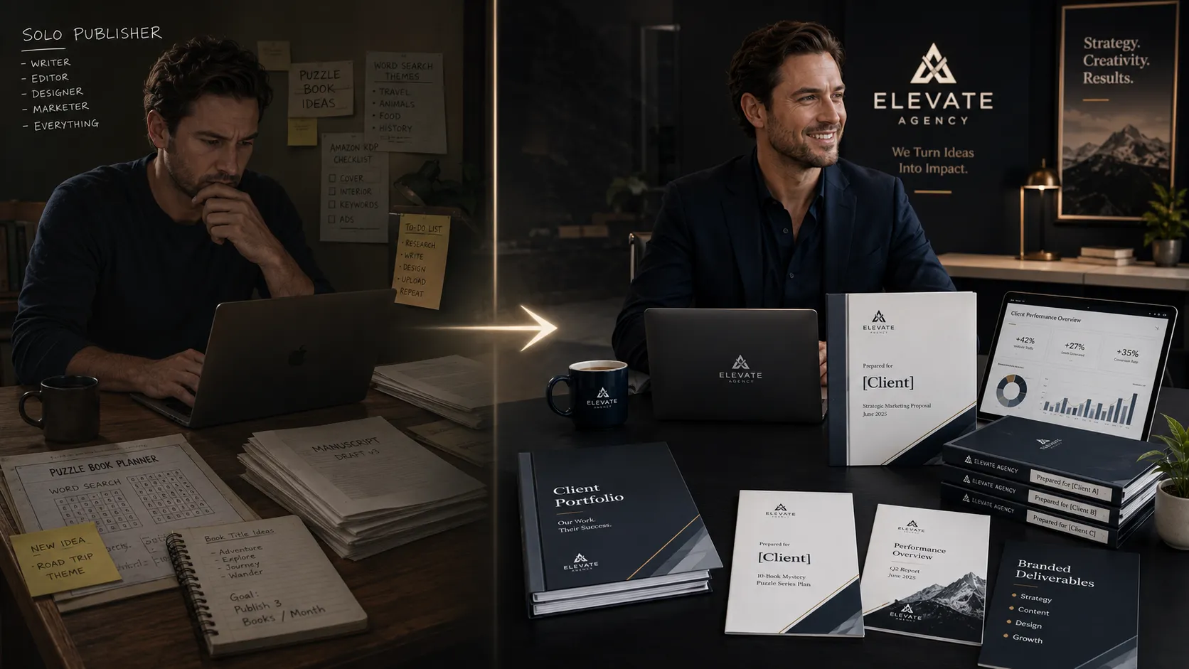 Solo publisher evolving into agency owner with client portfolio and branded deliverables