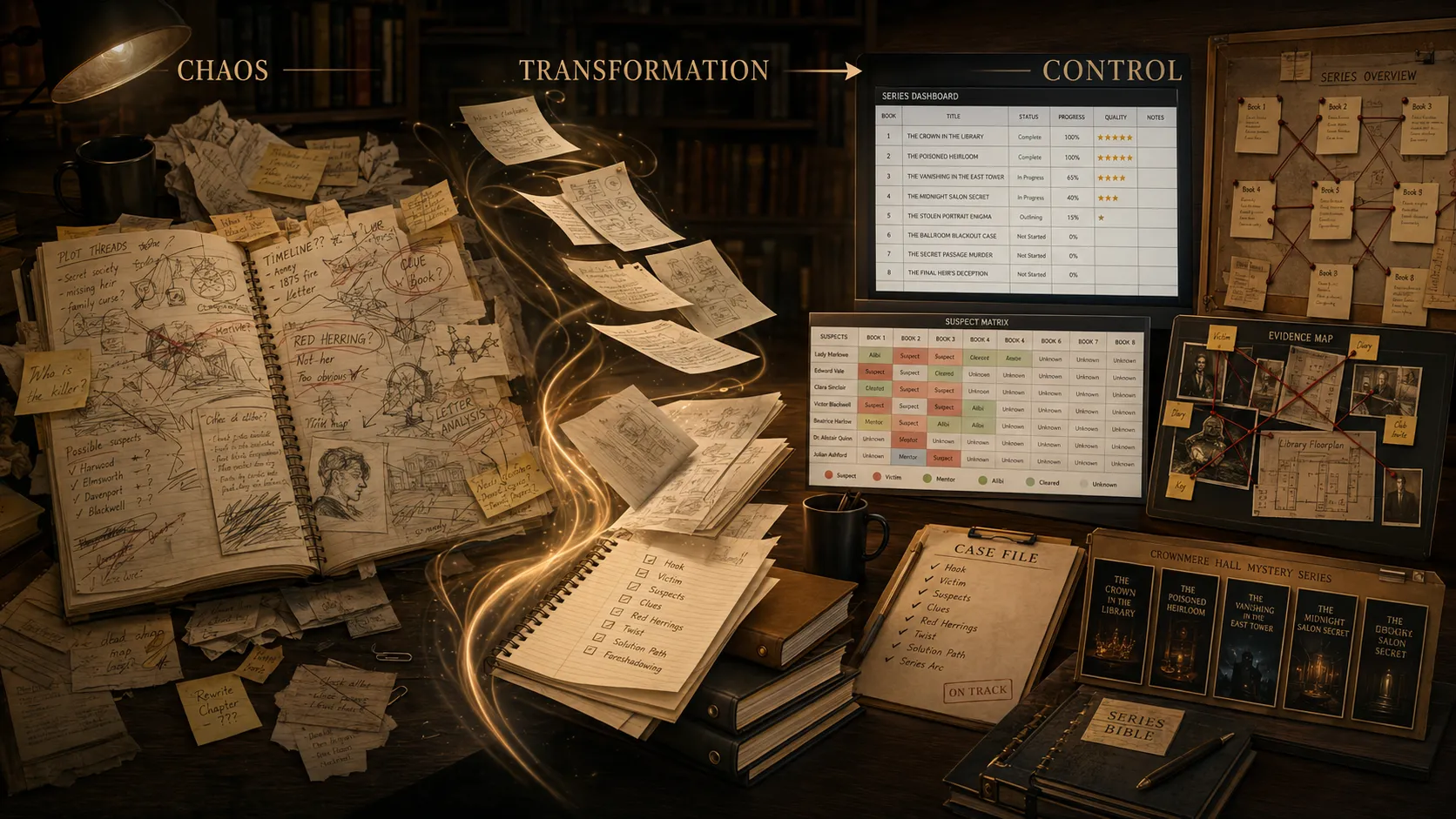Messy clue notebook transforming into a clean multi-book production dashboard in warm library atmosphere
