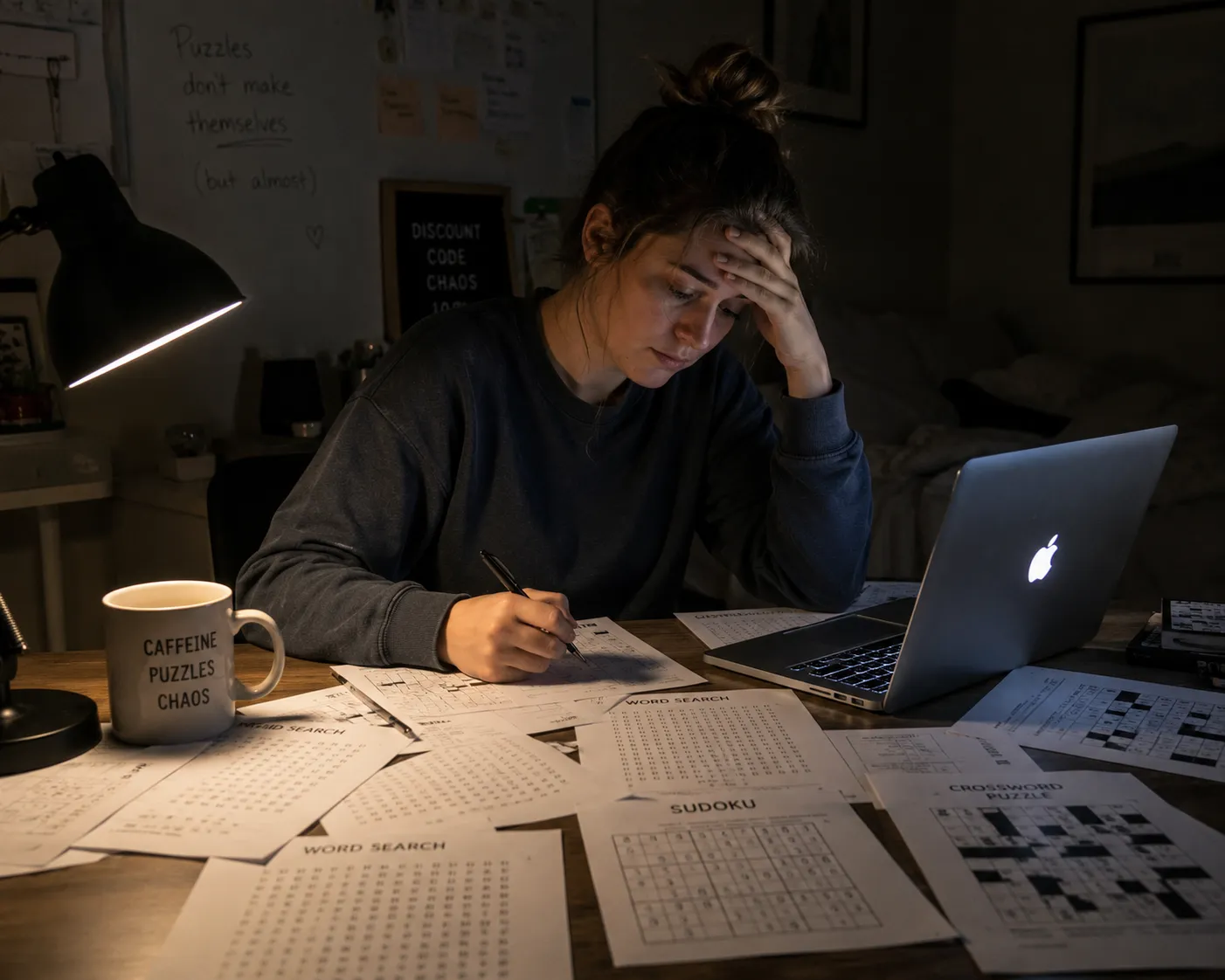 Late-night desk scene — tired creator surrounded by scattered puzzle print-outs
