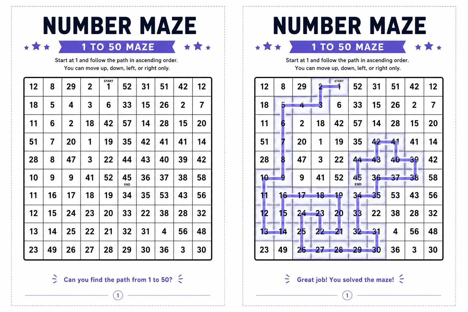 Side-by-side of a blank puzzle page and its matching solution page
