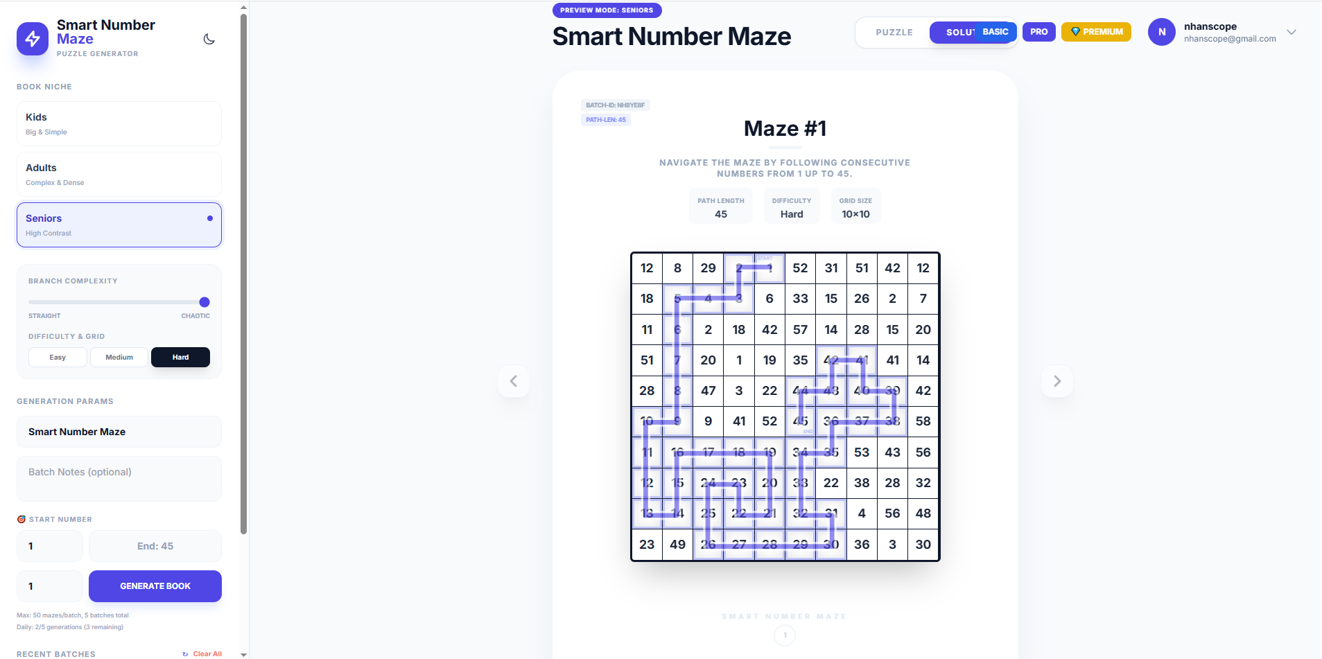 Smart Number Maze puzzle generator — batch page preview
