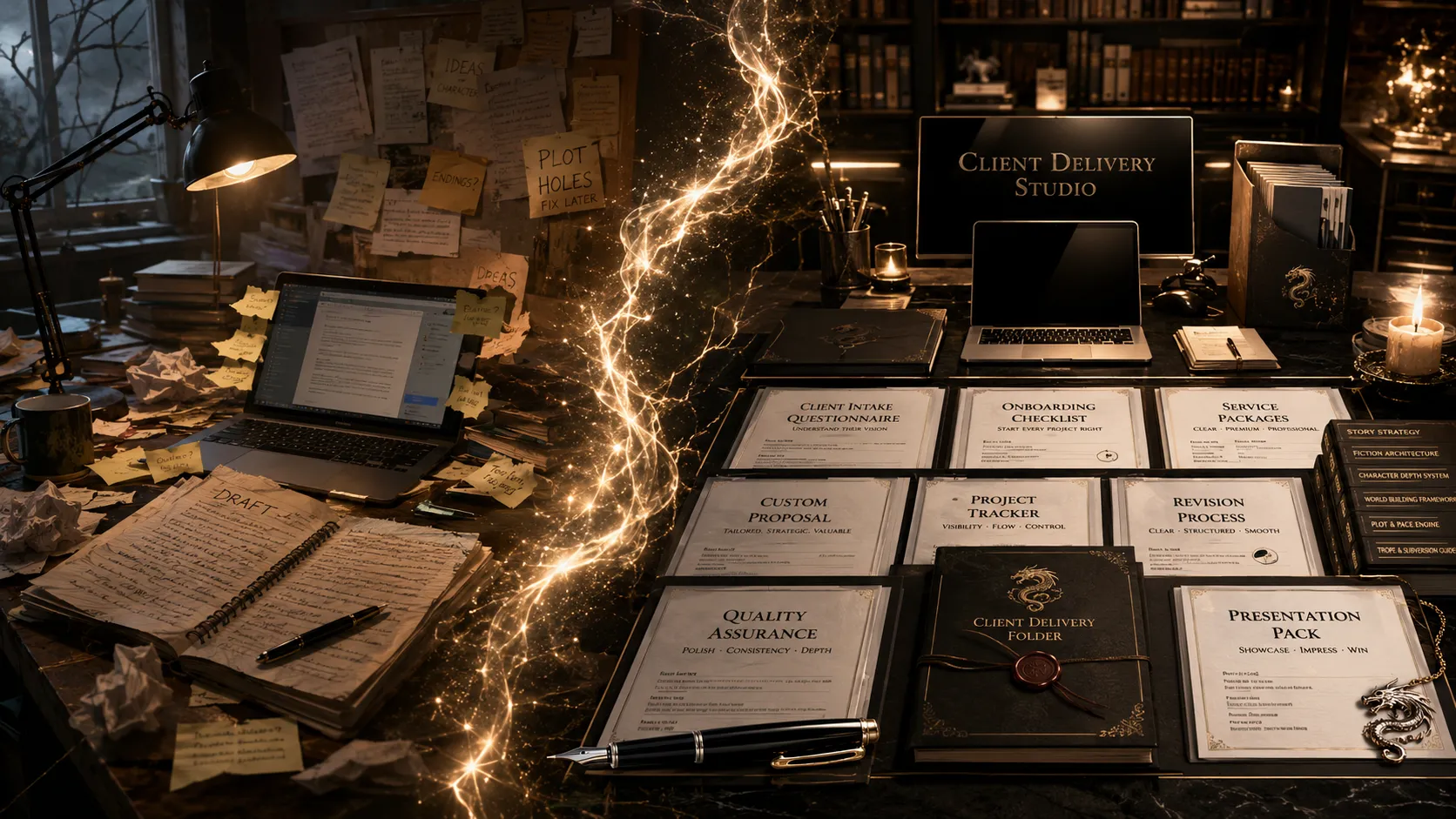 Before and after — solo writer desk versus branded client delivery studio