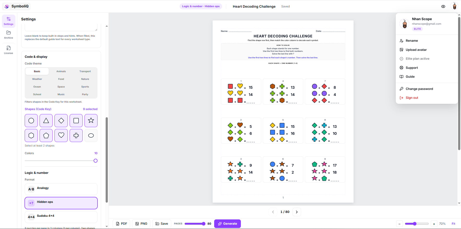SymboliQ Elite dashboard — 80 pages, complete IQ suite, 12 themes and 23 frame shapes